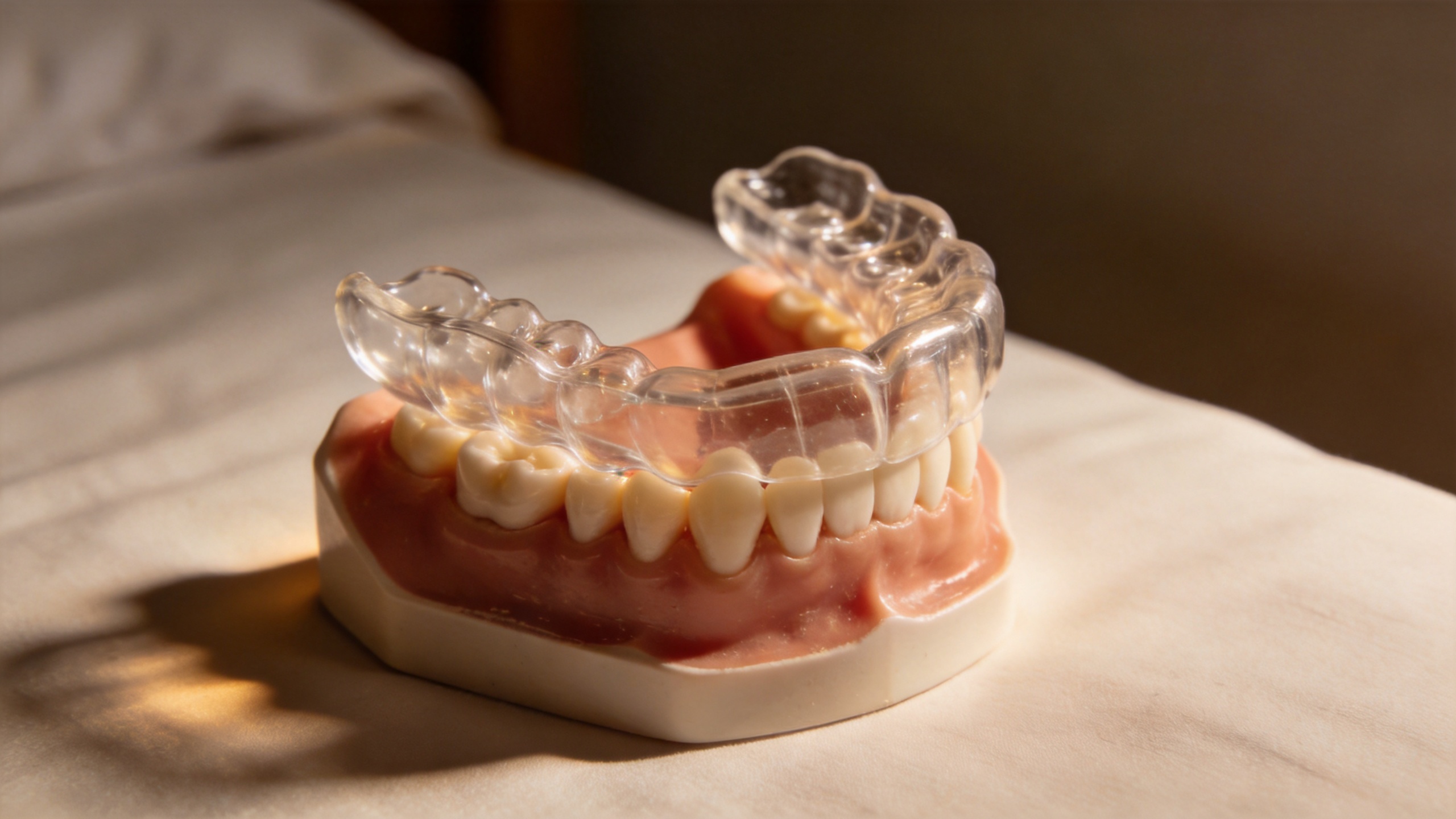 Custom-fit teeth mouthpiece displayed for nighttime protection