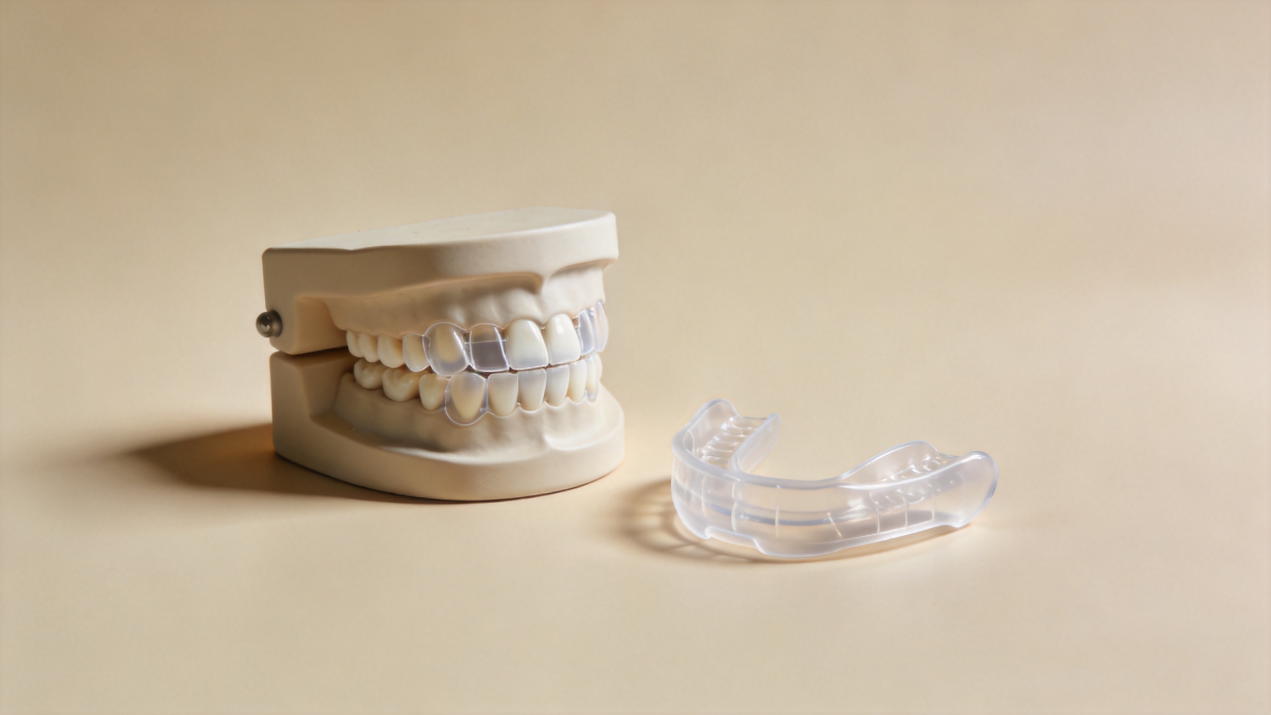 Silicone bite guard shown as a protective interface between teeth