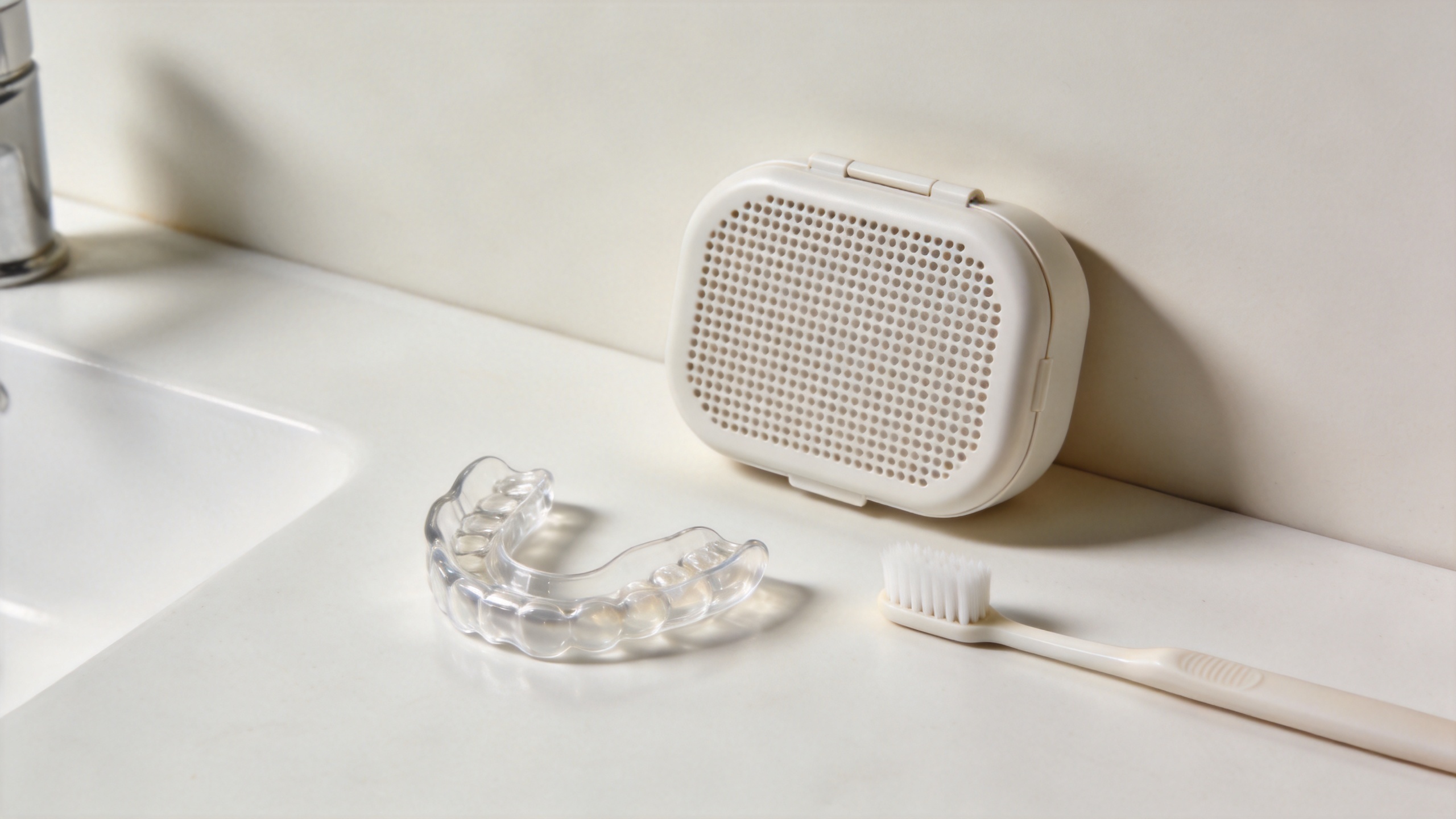 Nighttime mouth guard for clenching with a storage case and cleaning brush