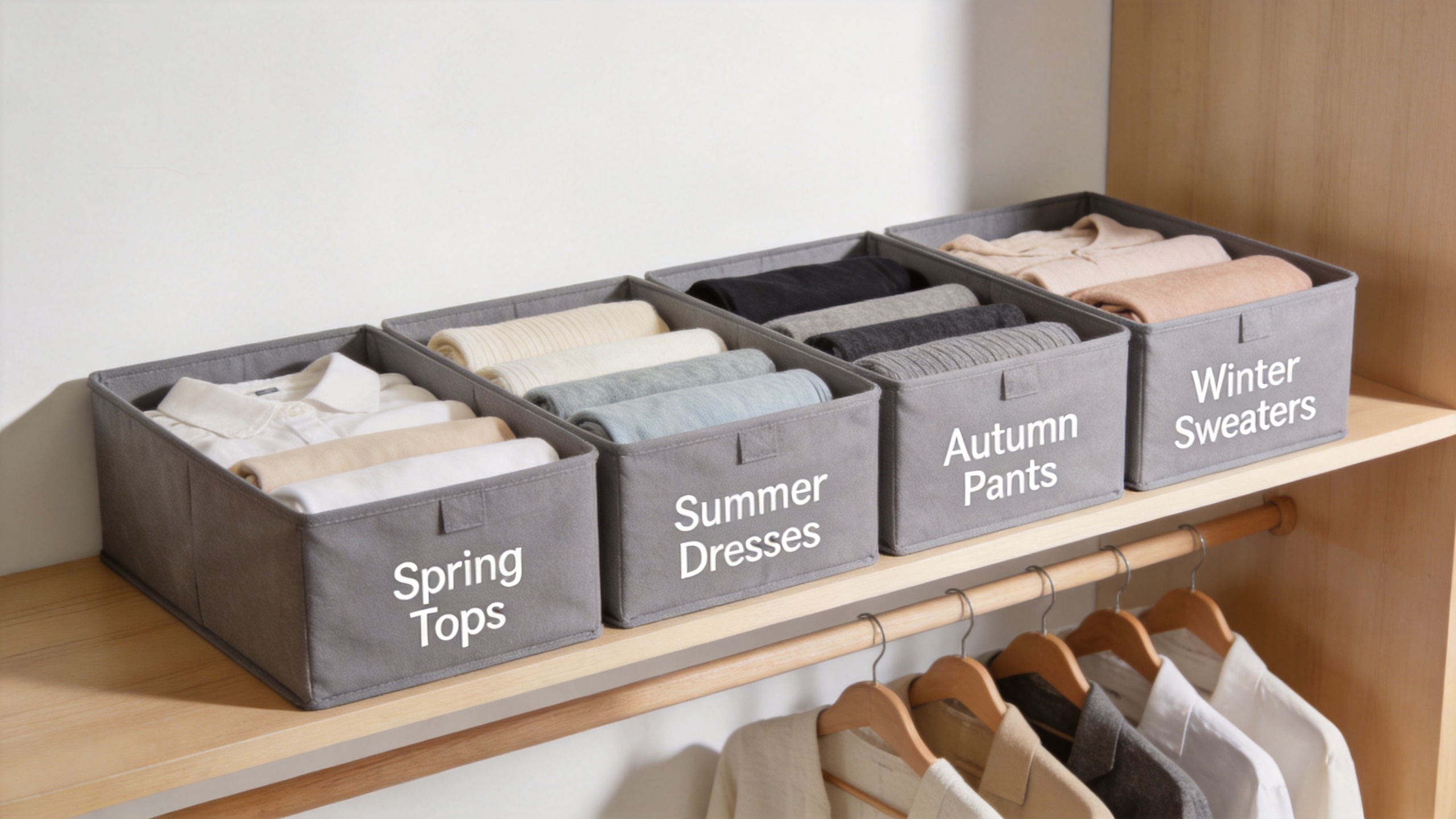 Wardrobe organiser with foldable storage boxes for sorted clothes
