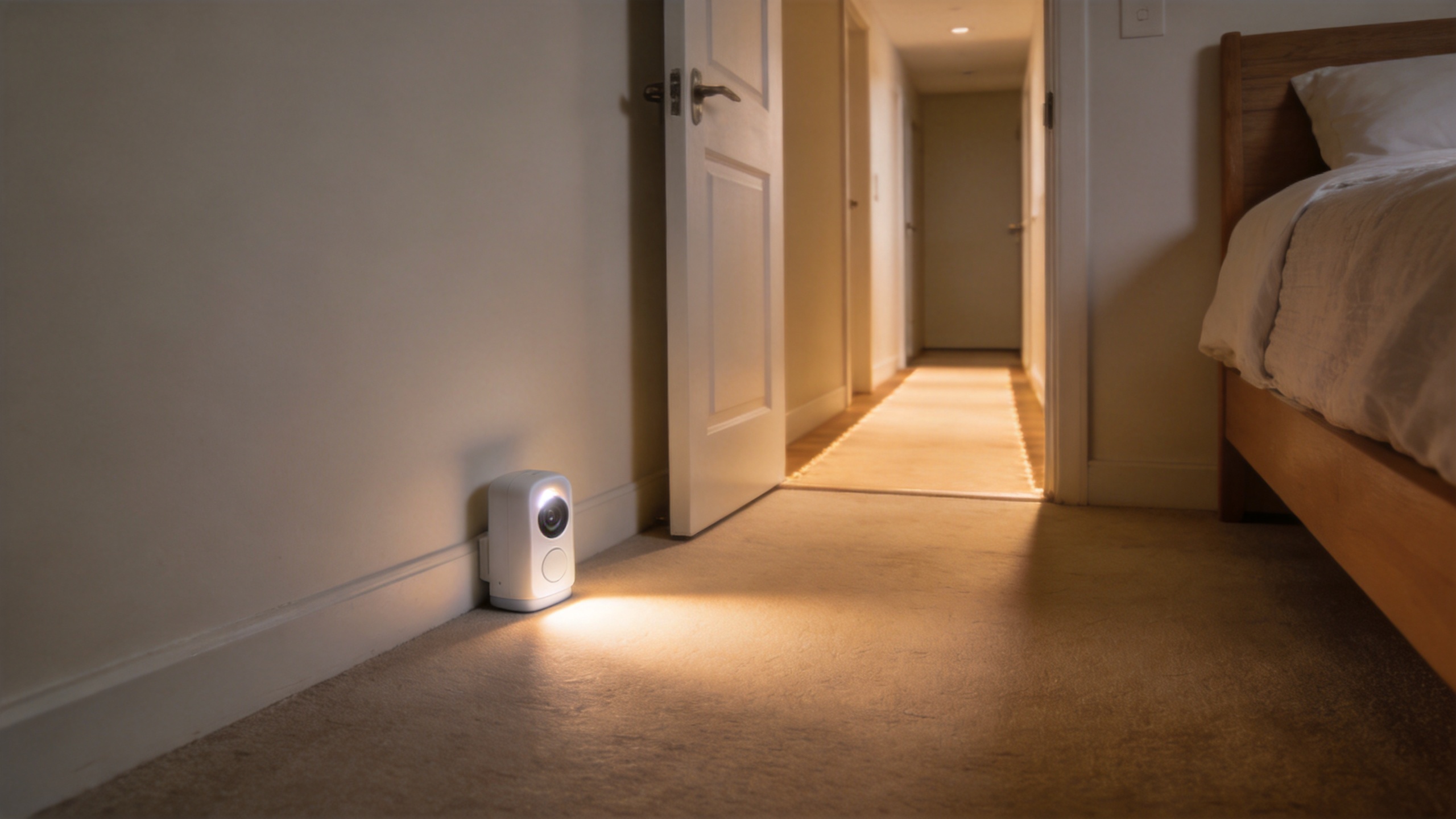 Motion sensor light indoor illuminating a bedroom-to-hallway walking path