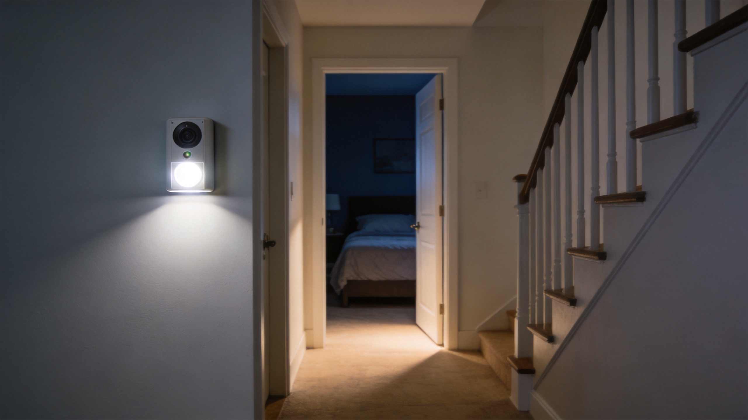 Motion sensor light indoor supporting a nighttime hallway route