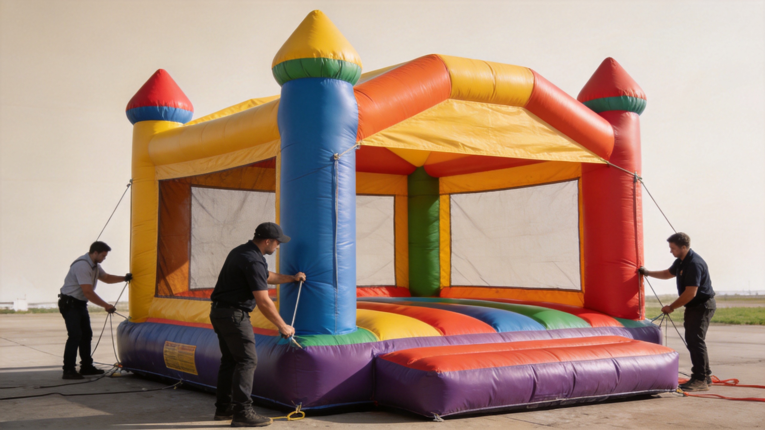 Commercial inflatable bounce house prepared for a rental event