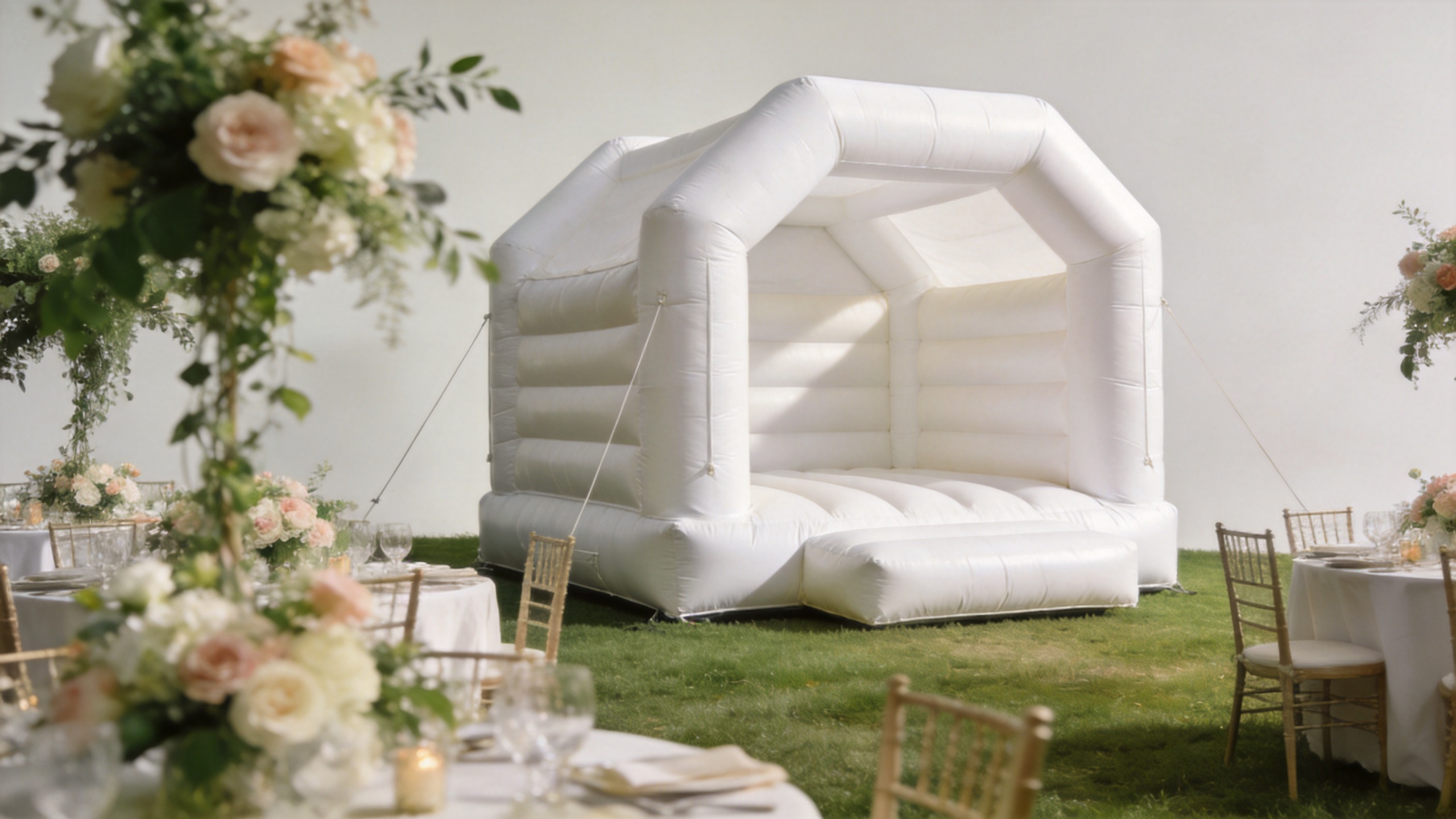 White bounce house styled for an elegant outdoor wedding rental