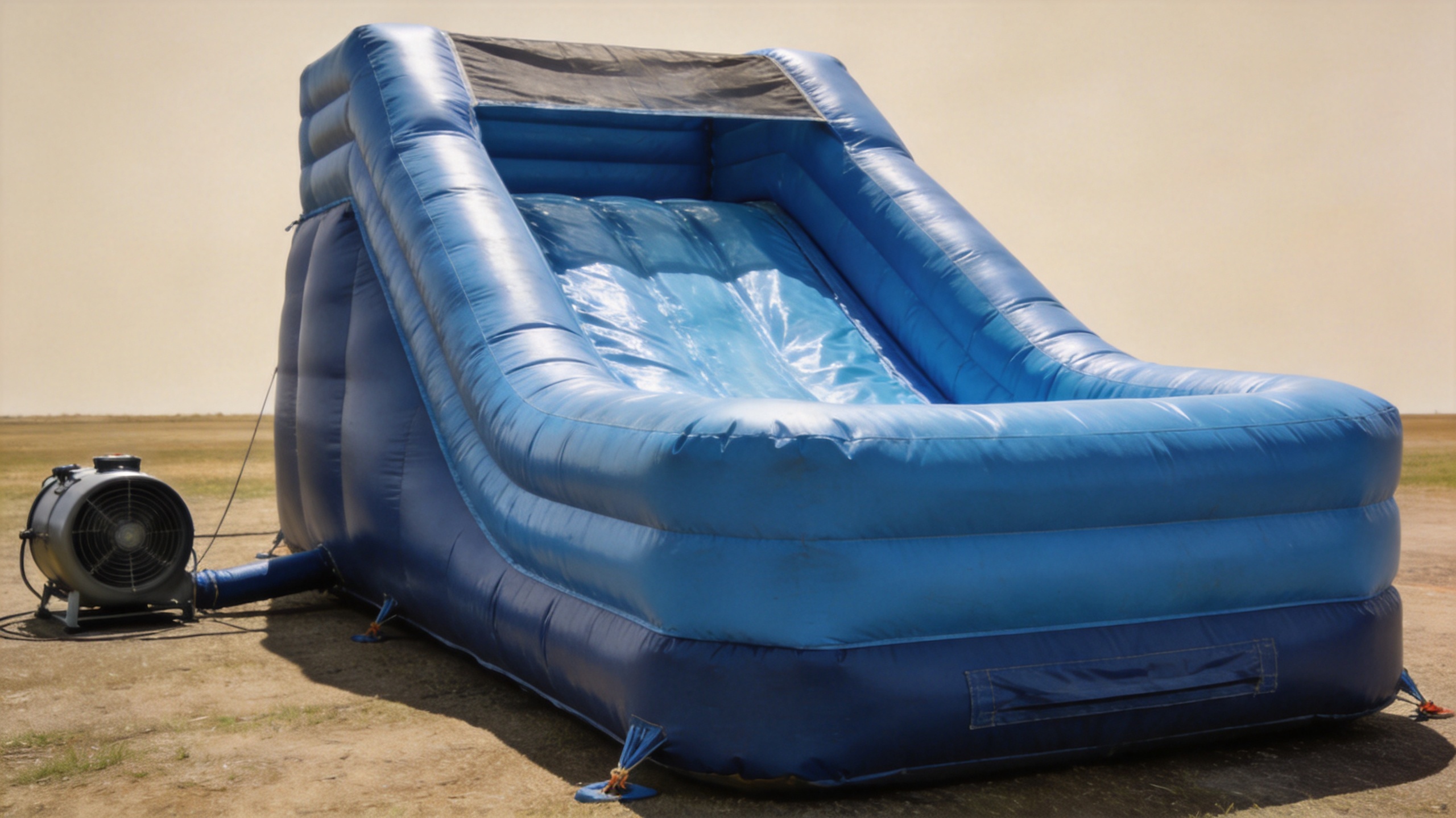 Commercial inflatable water slide prepared with blower and secure anchoring