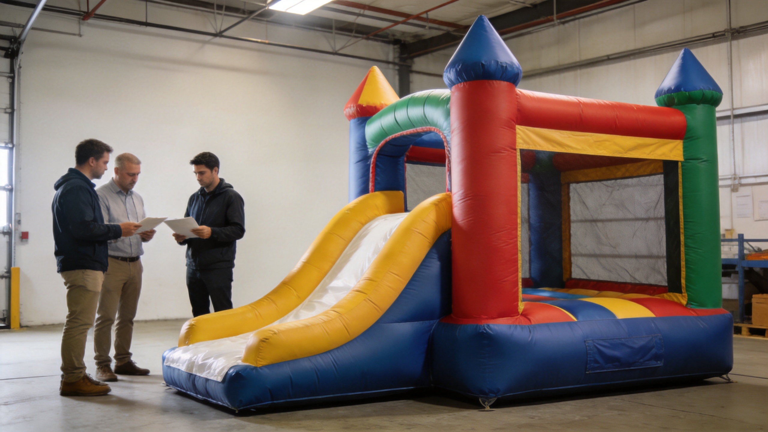 Commercial bounce house supplier inspection in a warehouse