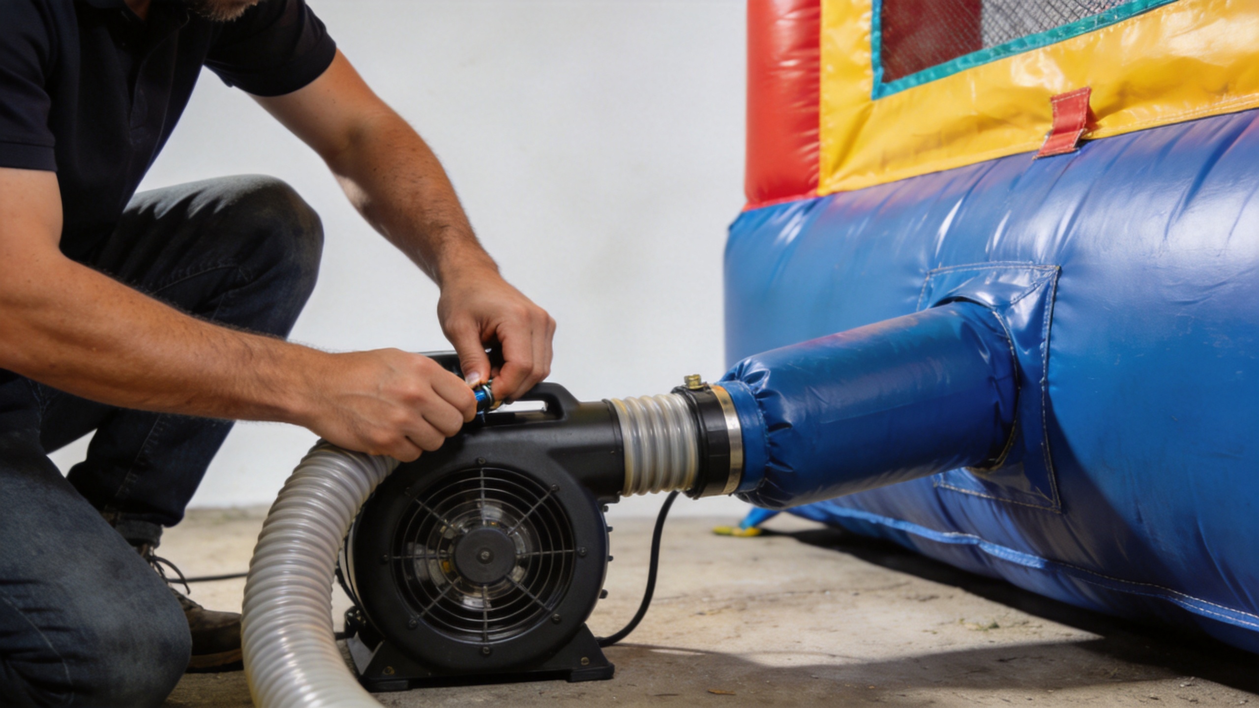Event operator securing a bounce house blower connection