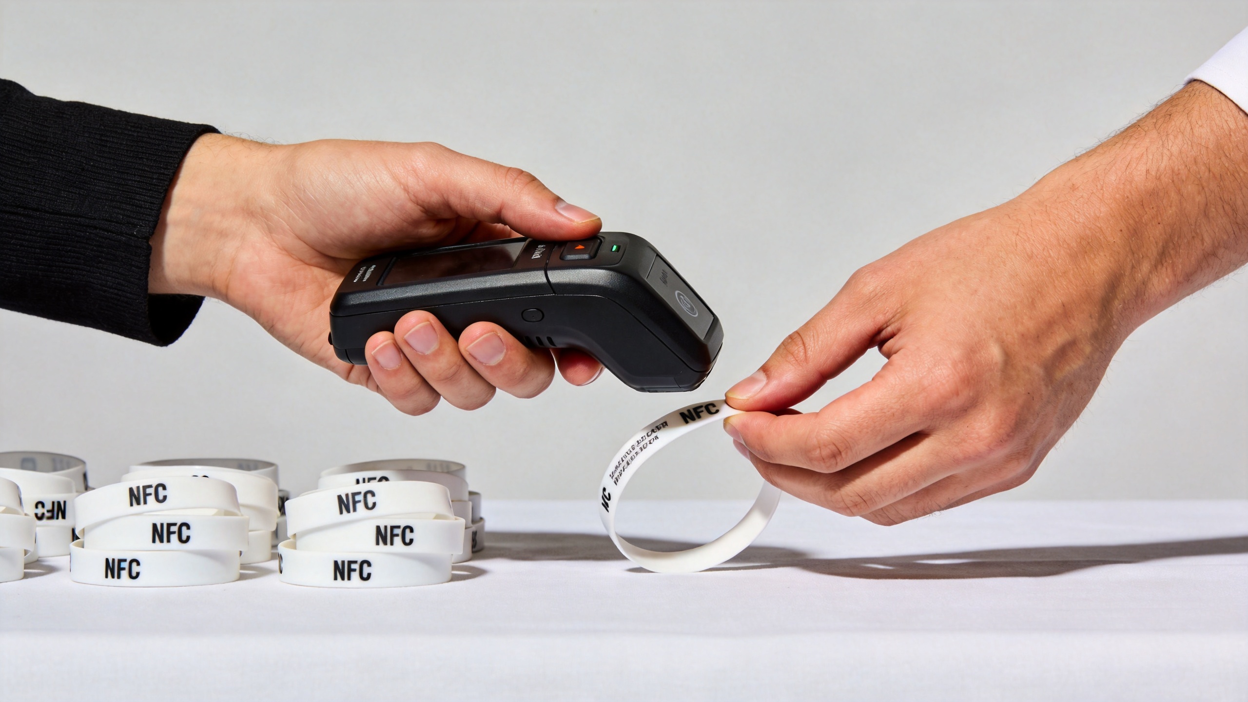 Event organizer encoding blank NFC wristbands with NFC reader at venue preparation table