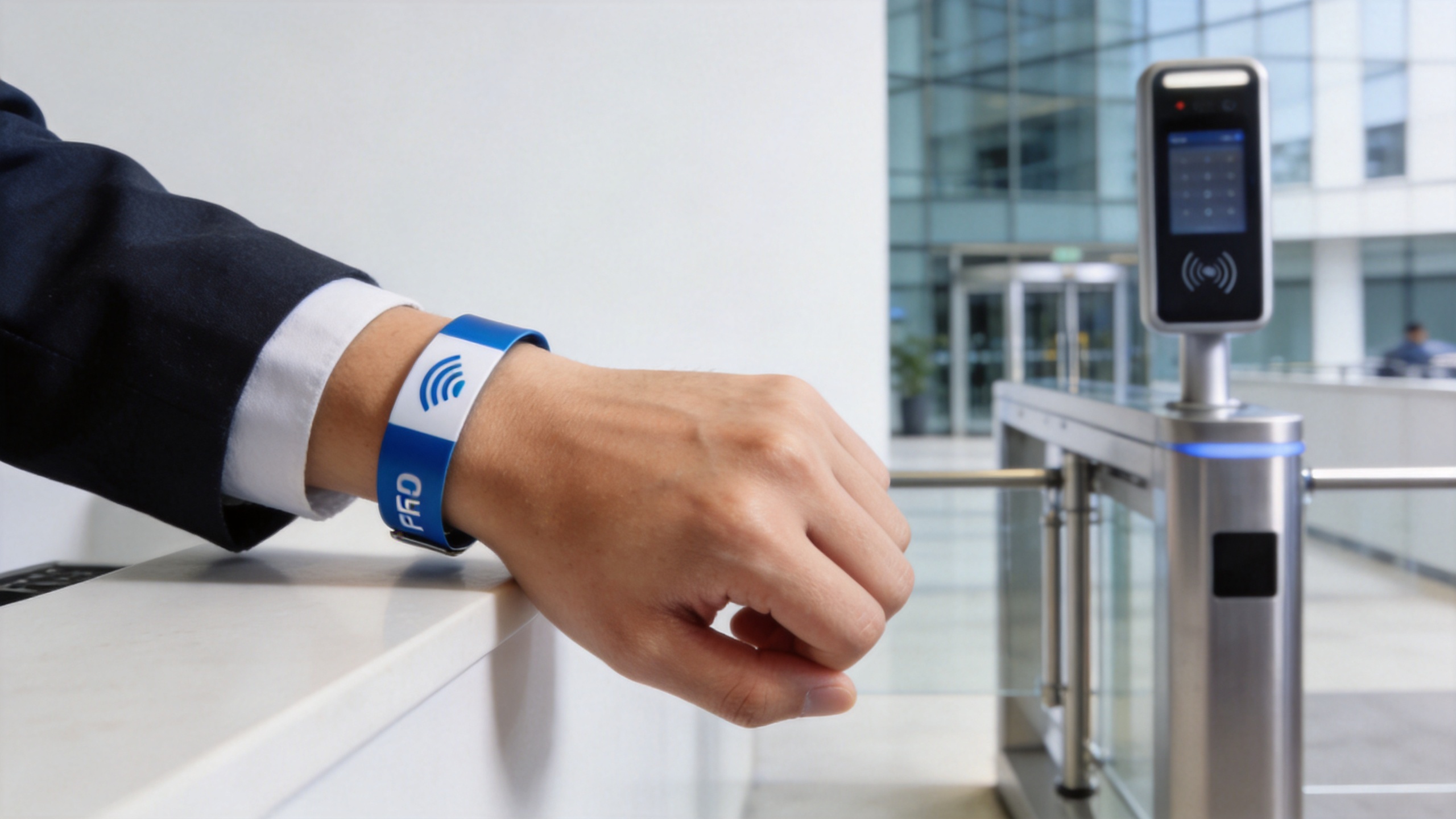Custom RFID wristband used for enterprise visitor identification at a corporate access control gate