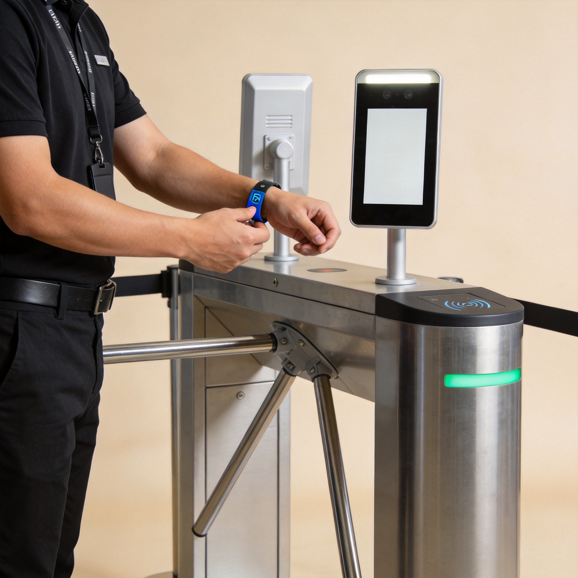 Event entry gate staff checking RFID wristbands for access control at a large outdoor event