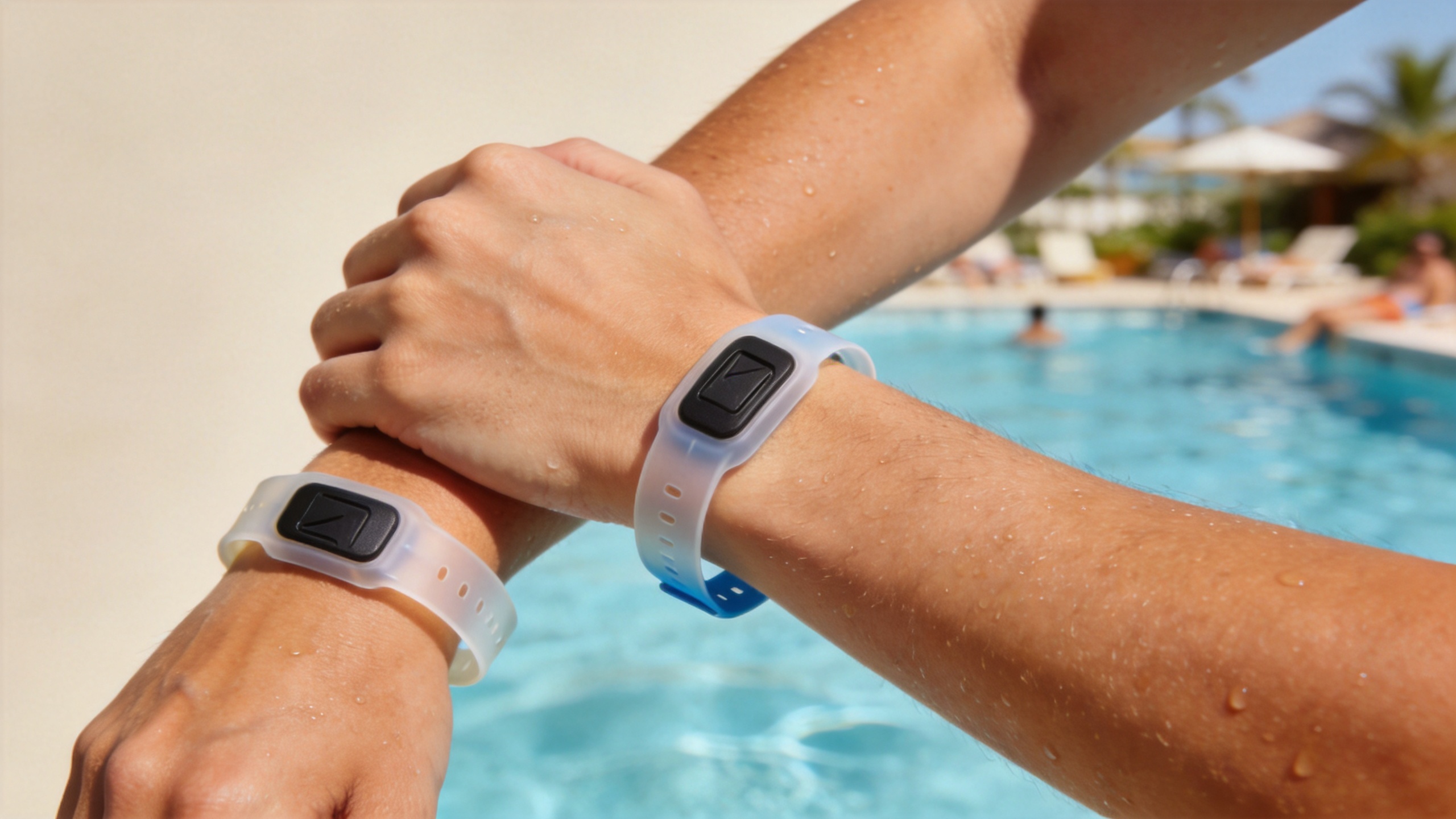 Flexible silicone RFID wristband showing waterproof performance in a pool environment