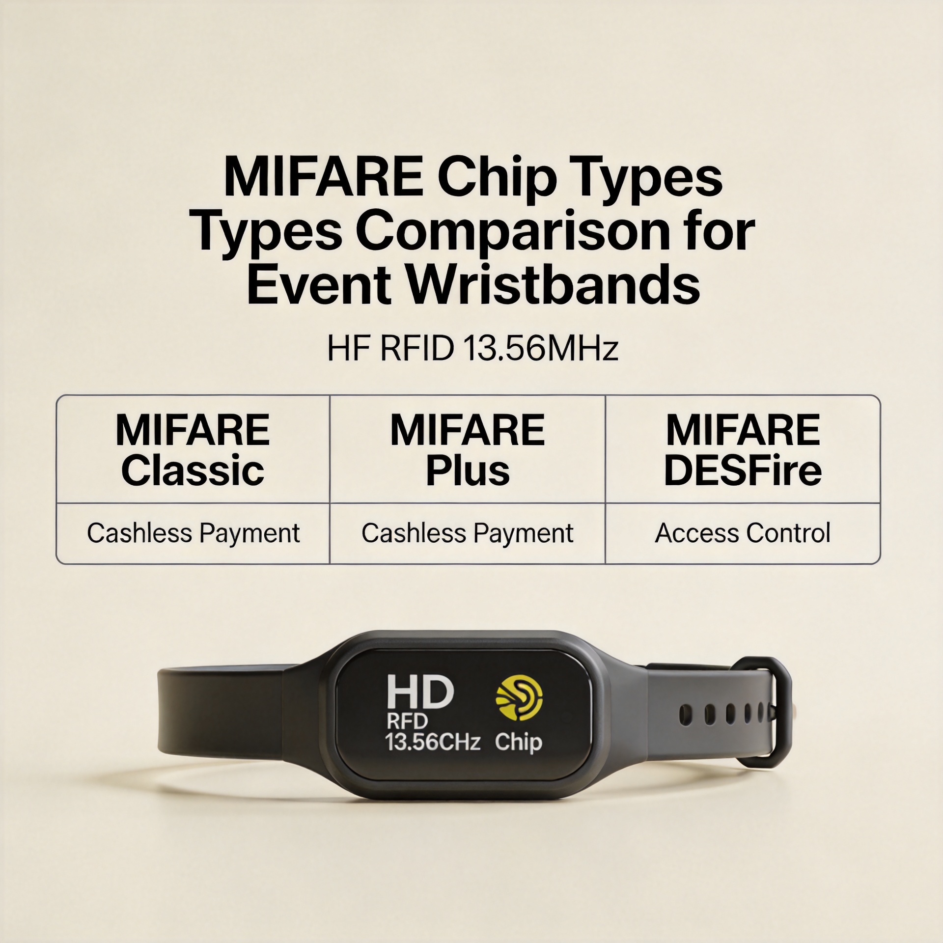 HF RFID chip types for event wristbands including MIFARE and NTAG families