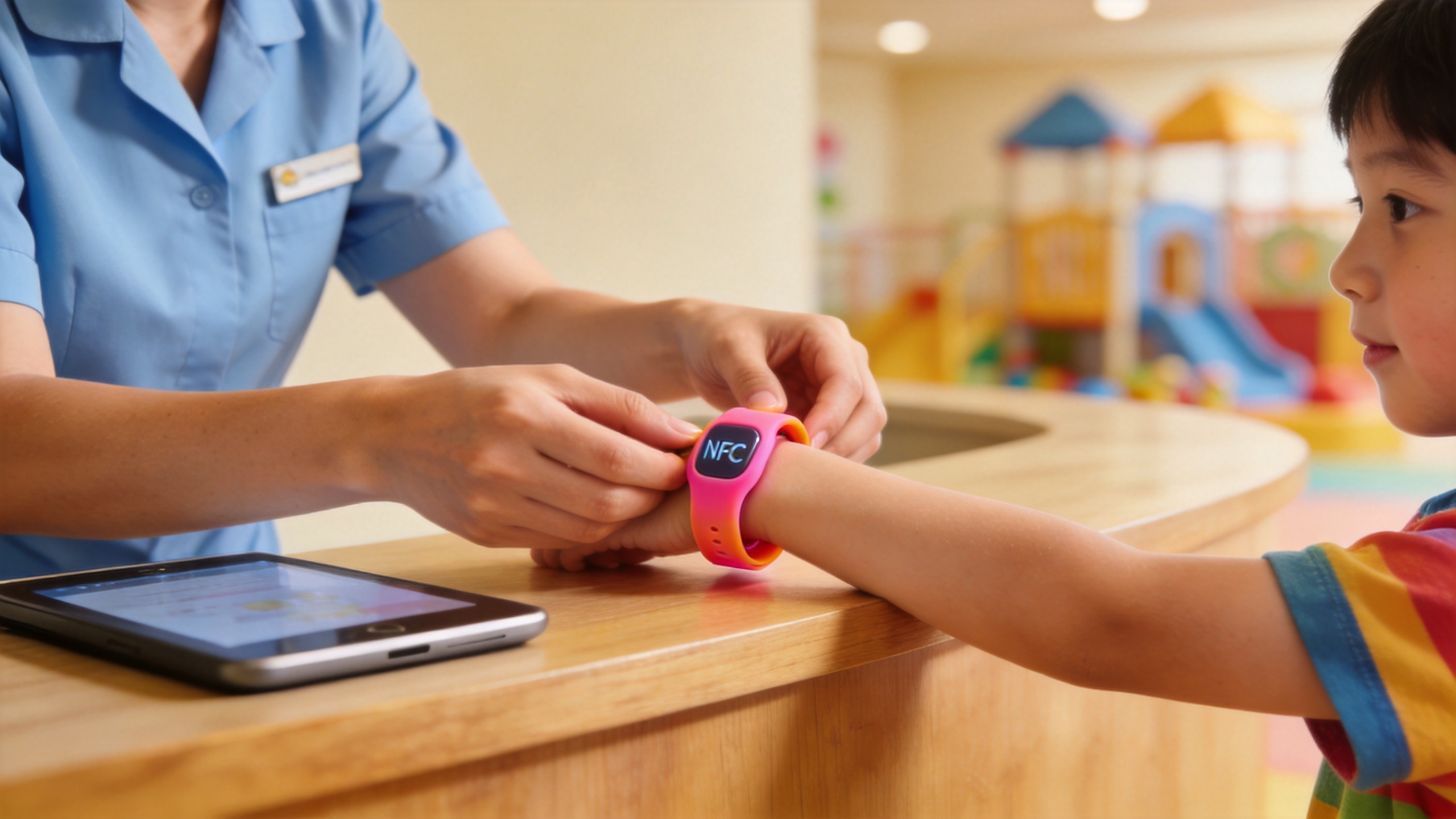 Silicone NFC chip bracelet used at a children entertainment center check-in