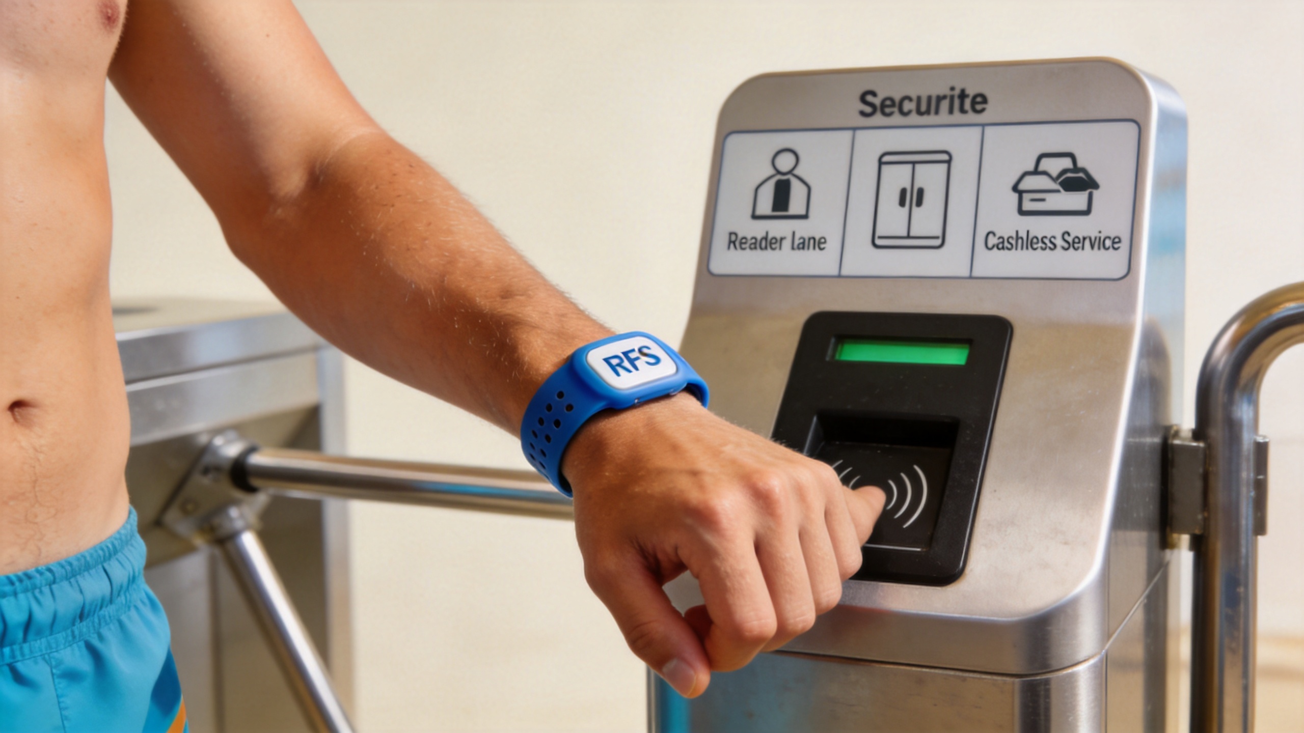 RFID wristband scan at a water park entry and locker management point