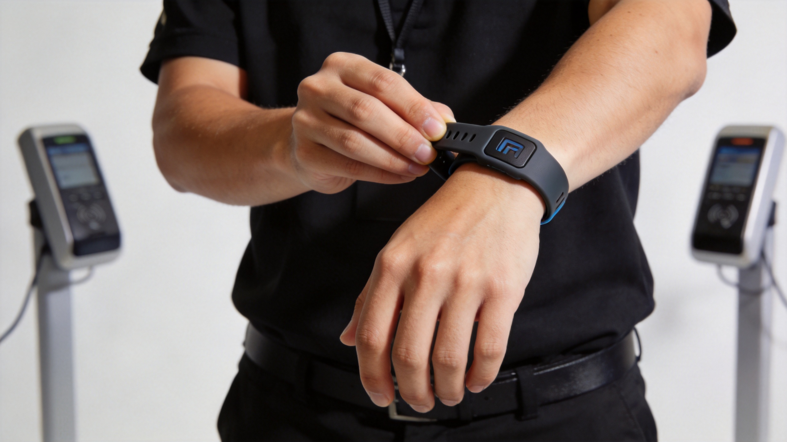 Event staff fitting an adjustable RFID silicone wristband