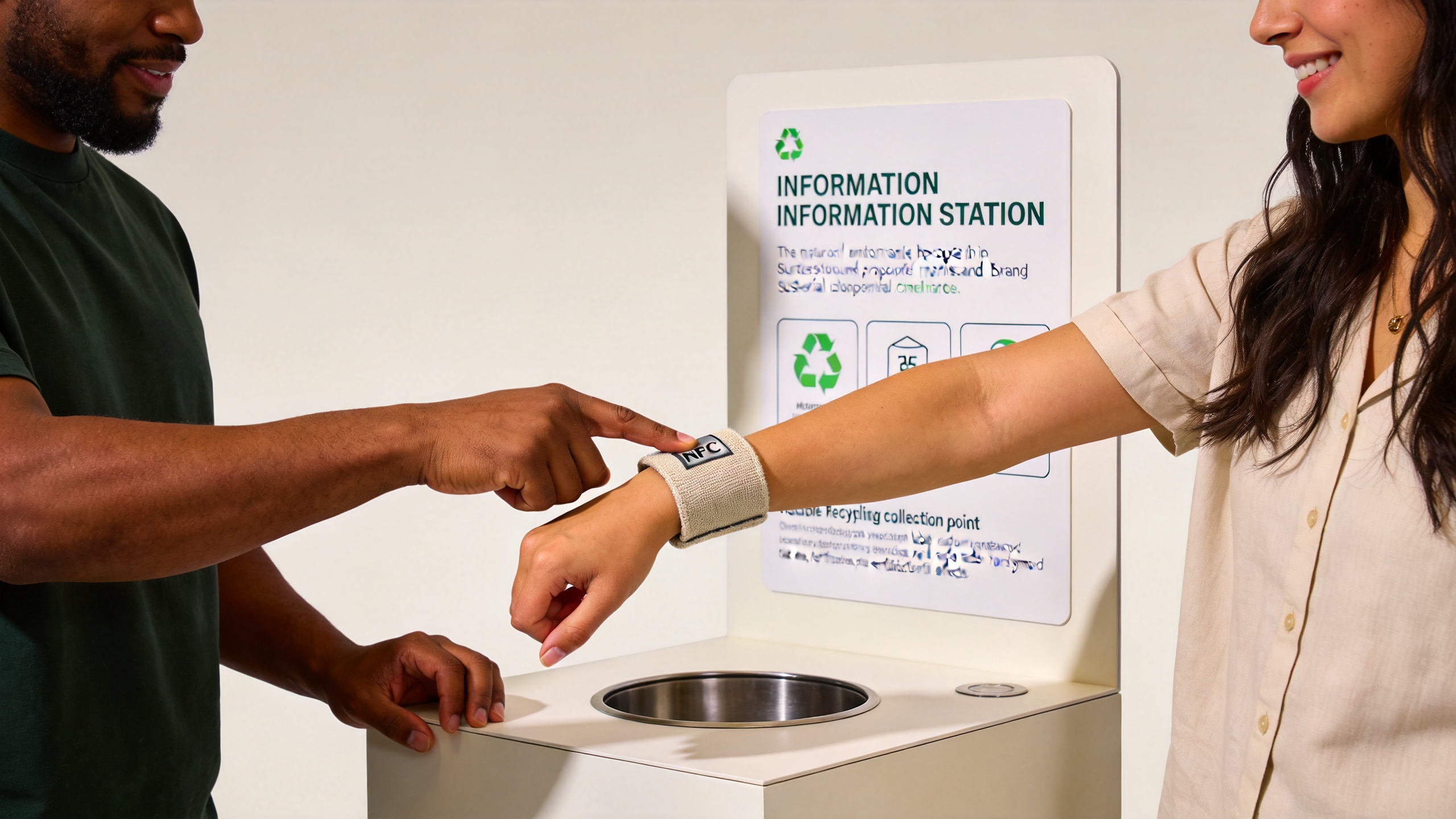 Event attendee using an NFC bracelet at a sustainable brand activation