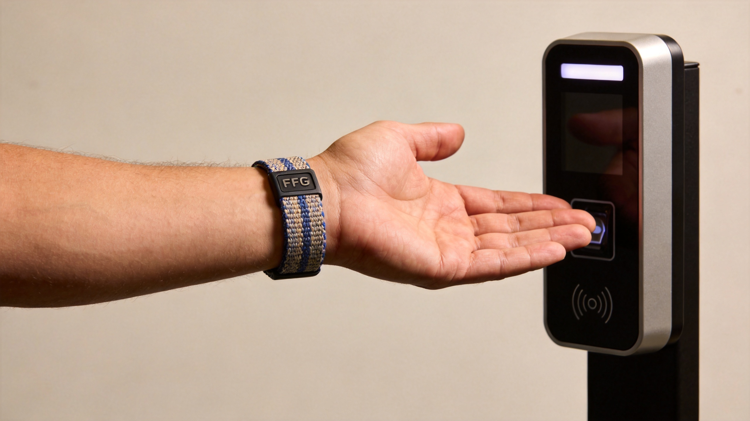 Woven custom RFID wristband used at an event access-control scanner