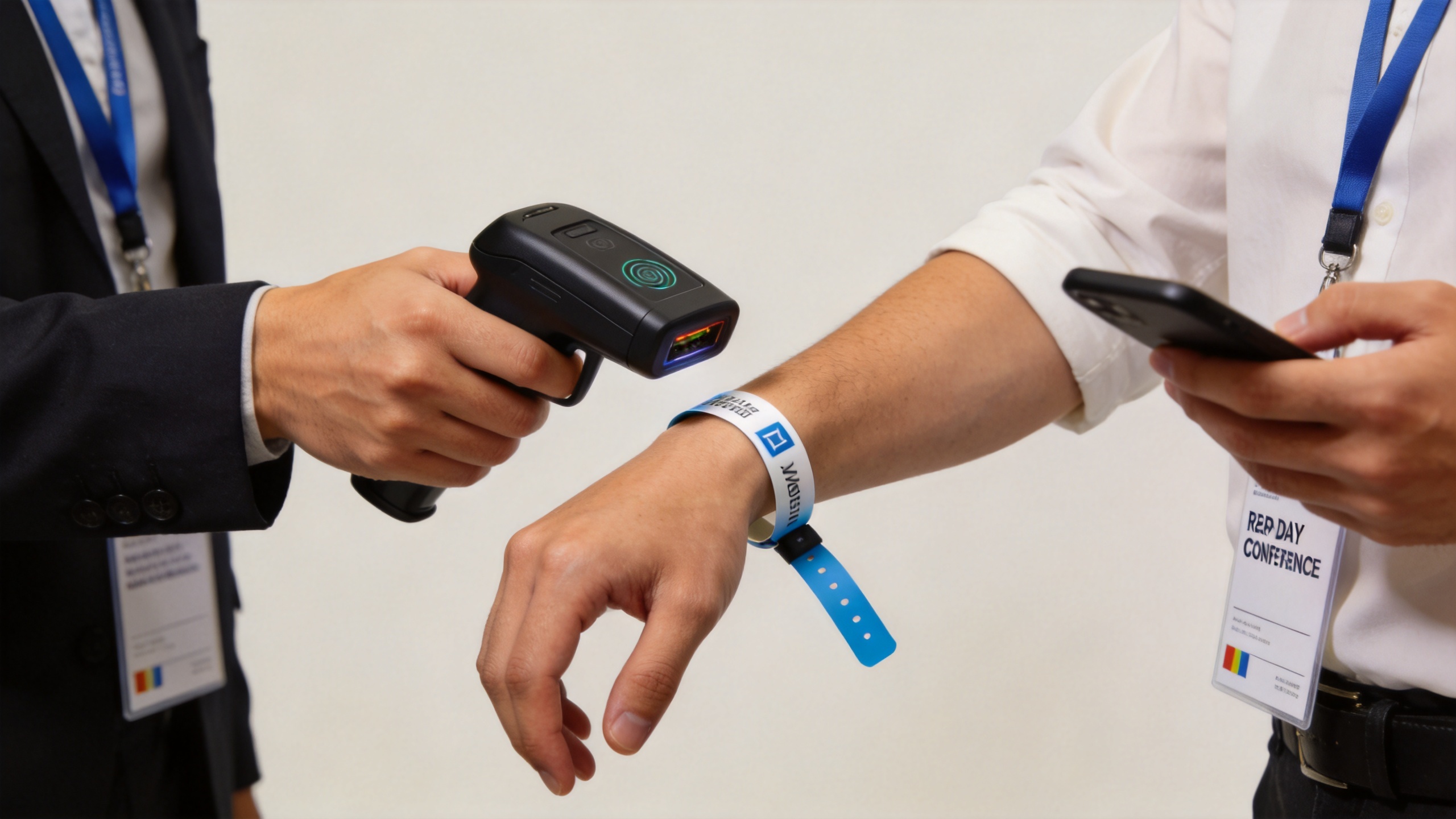 Disposable RFID wrist bands scanned at an event entrance