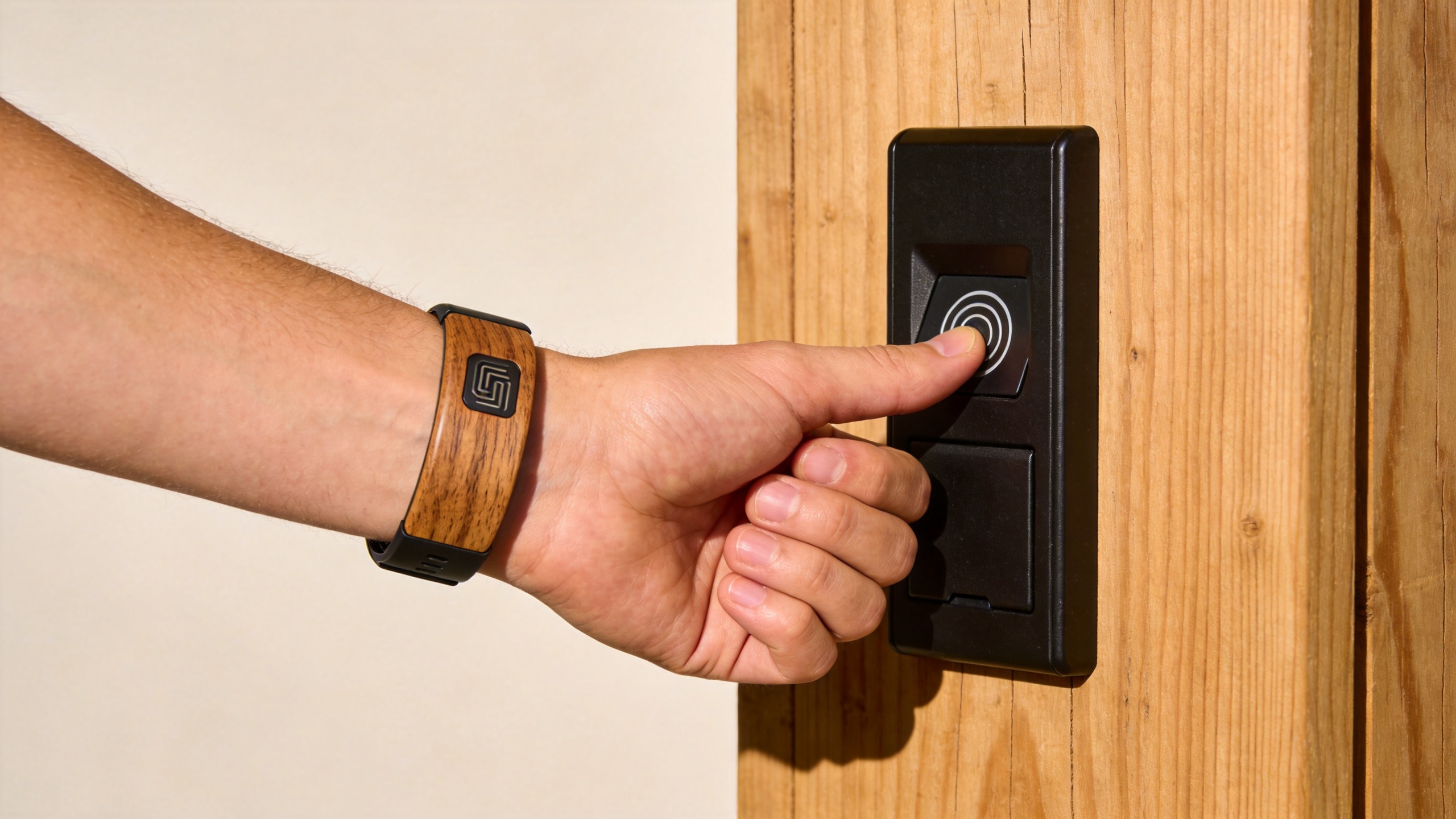 Custom RFID wristbands with wood details at an eco park access point