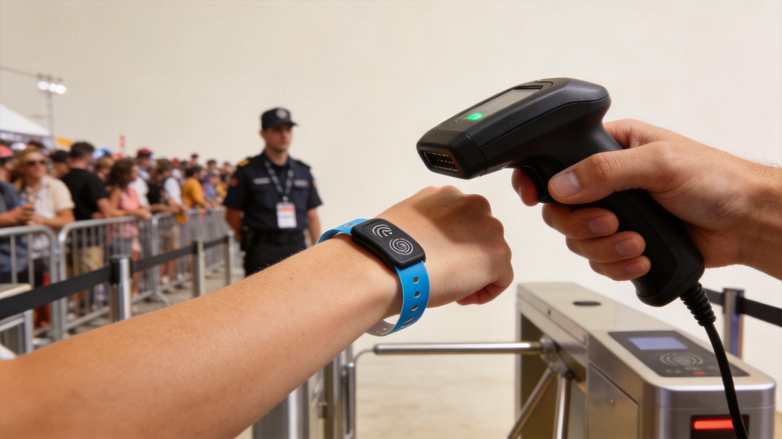 RFID event security wristband scanned at a controlled festival entry lane