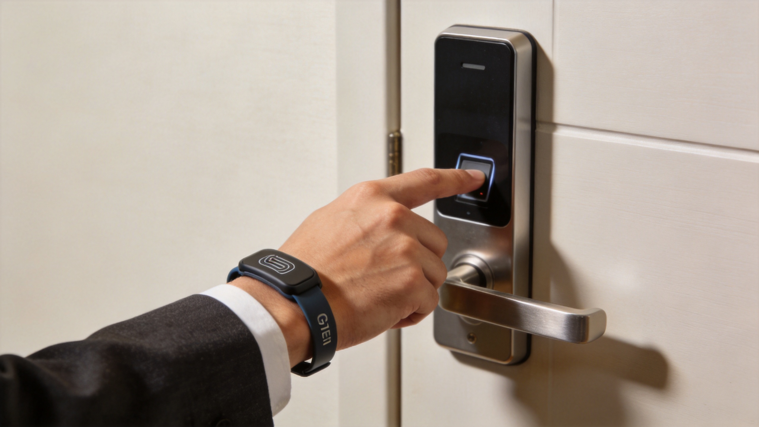 Hotel guest using an RFID wristband for guest room access