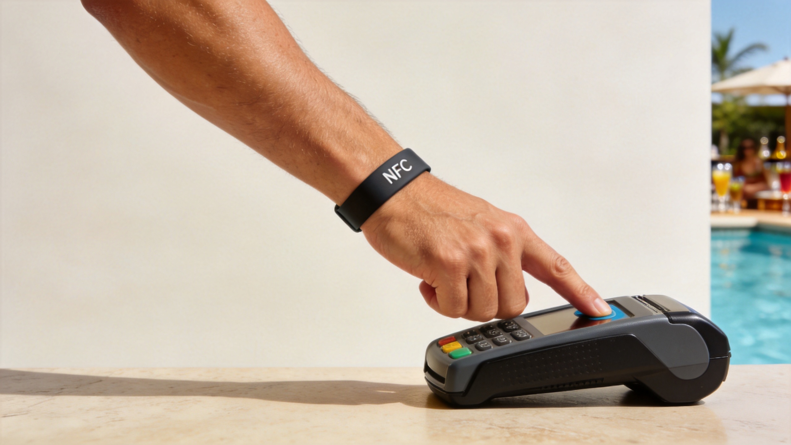 Guest using an NFC payment bracelet at a resort