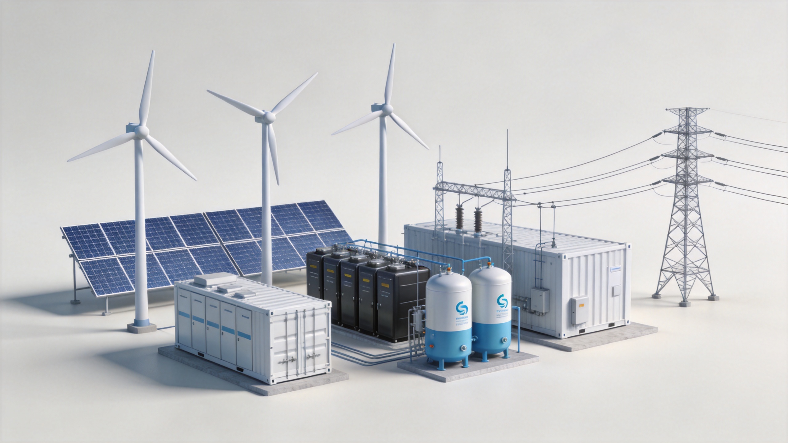 Renewable energy storage connecting solar, wind, batteries and hydrogen infrastructure