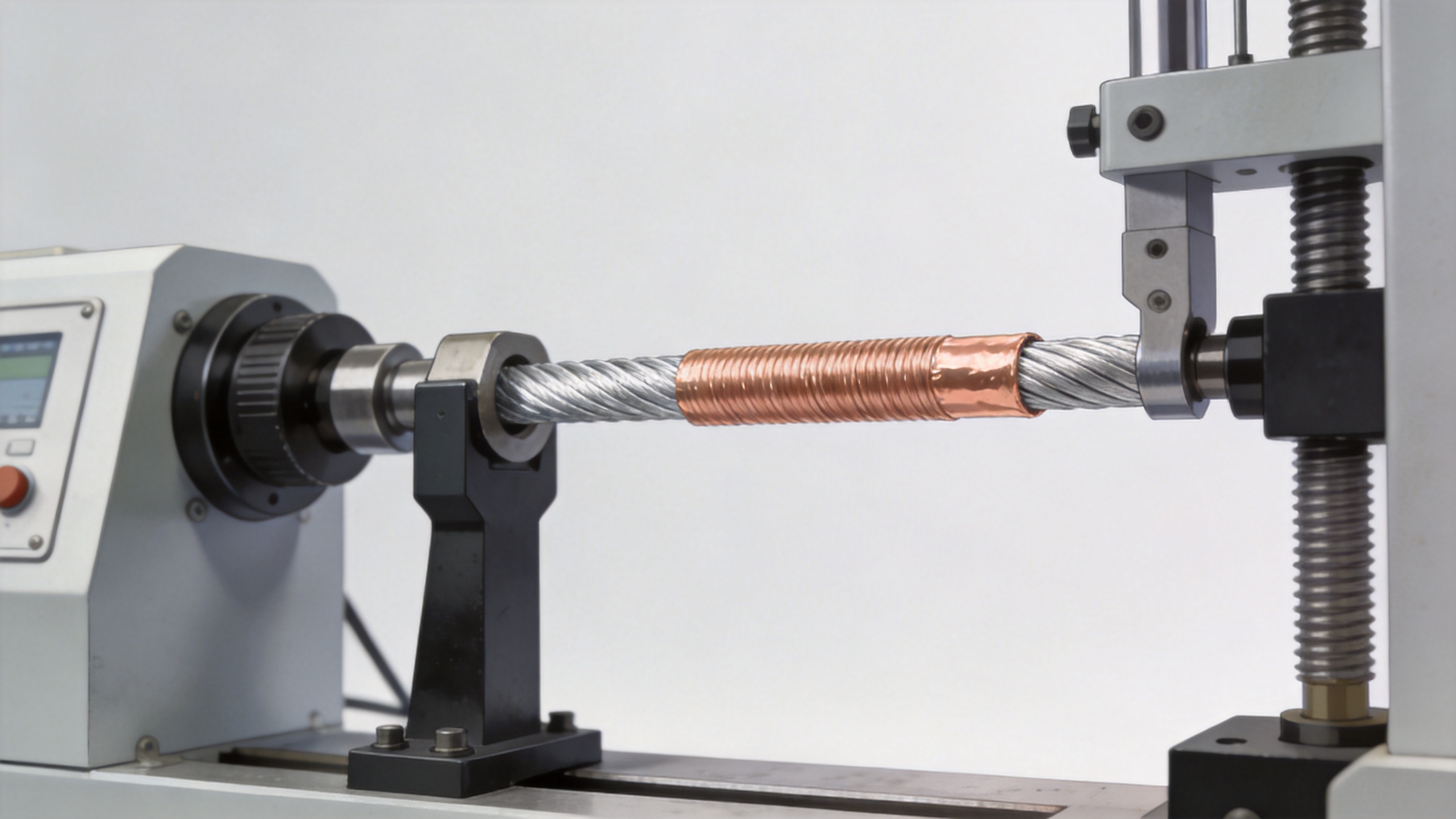 Tensile testing setup for high tensile copper clad aluminum wire
