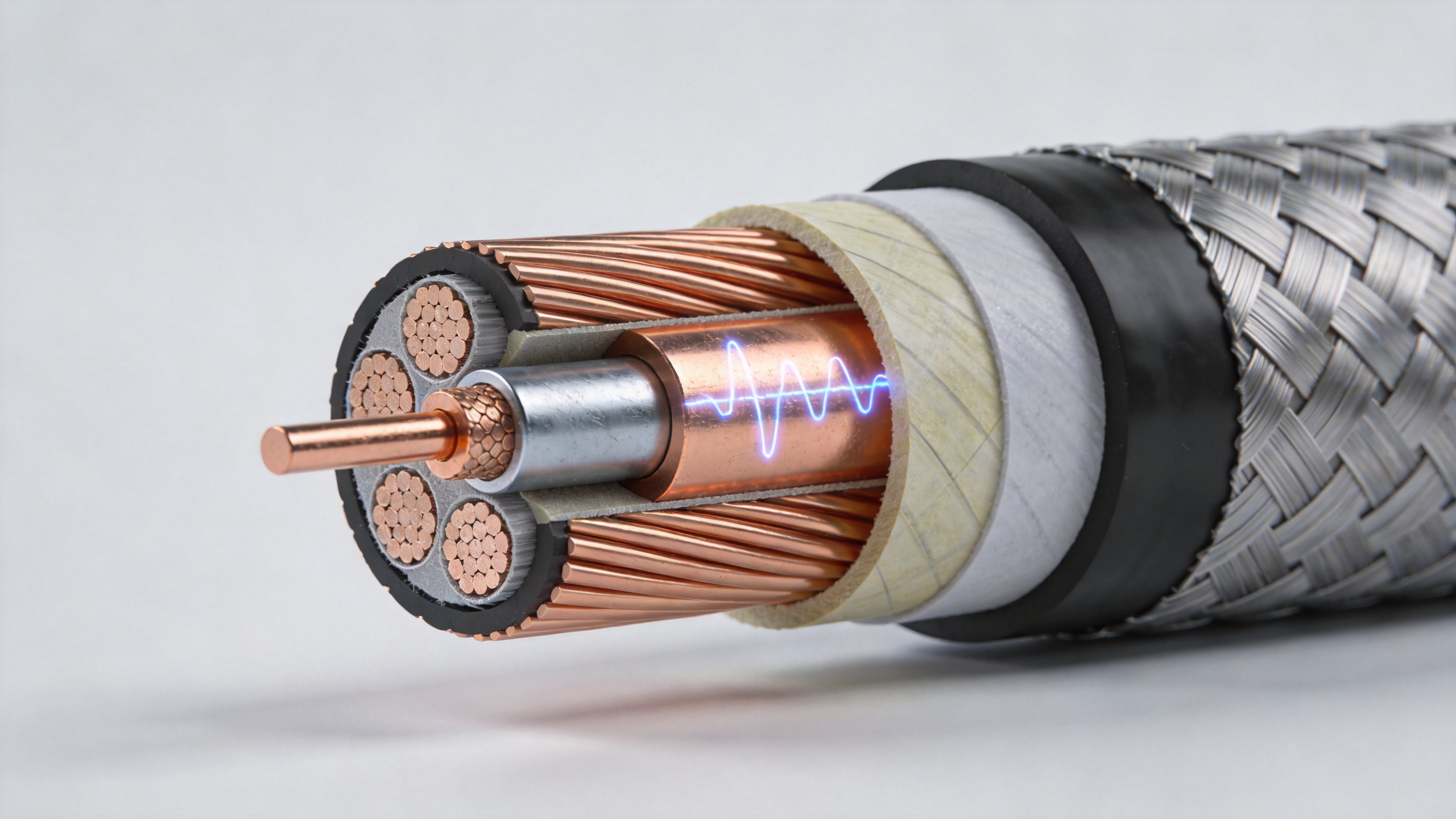 Cutaway view of a high frequency copper clad aluminum wire used as a coaxial inner conductor