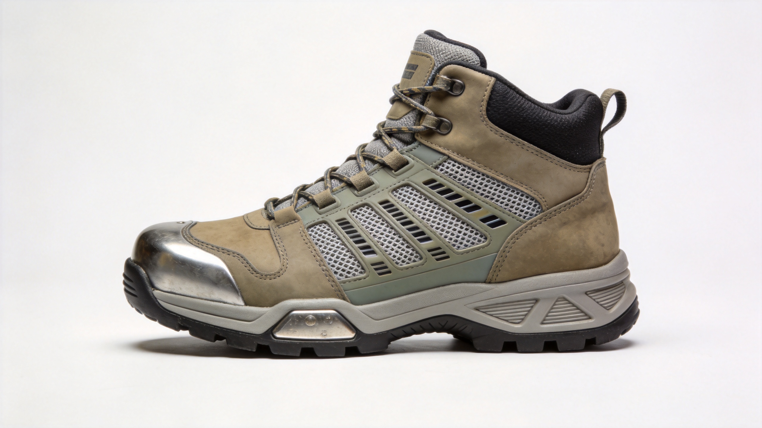 Breathable mesh work boots showing mesh upper panel and steel toe cap construction