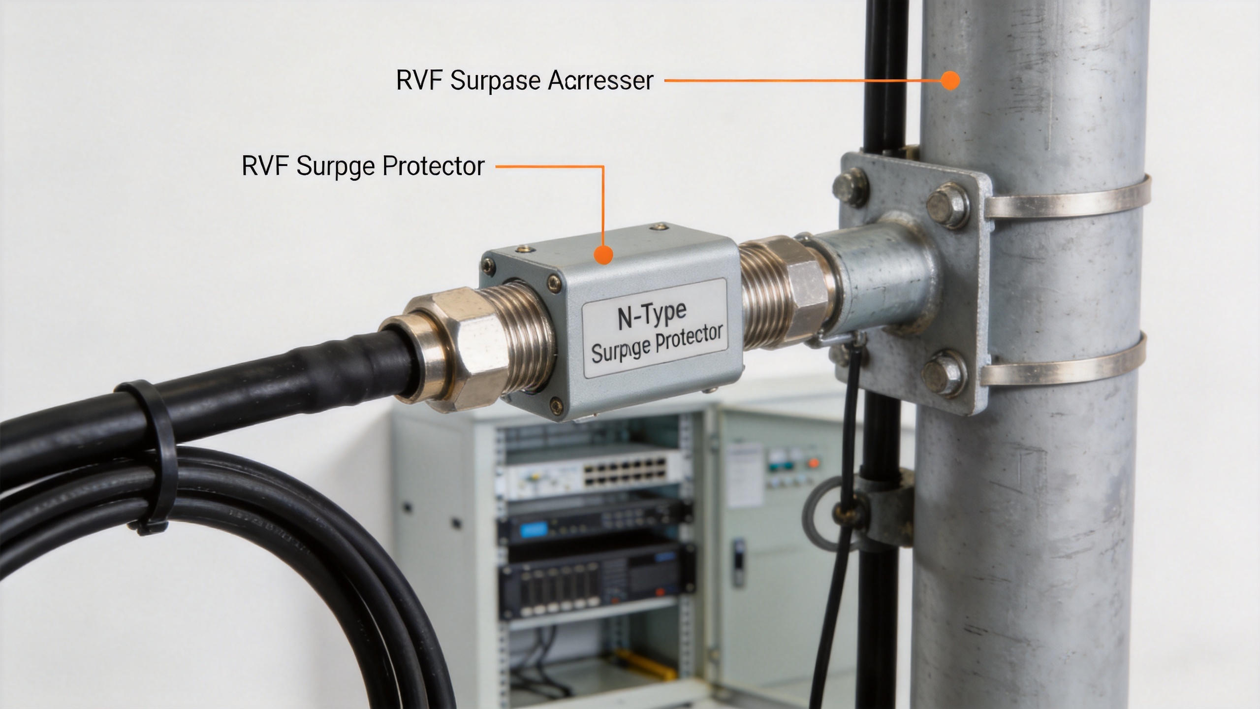 RF surge arrester installation on telecom tower feeder cable with N-type coaxial connector and grounding cable