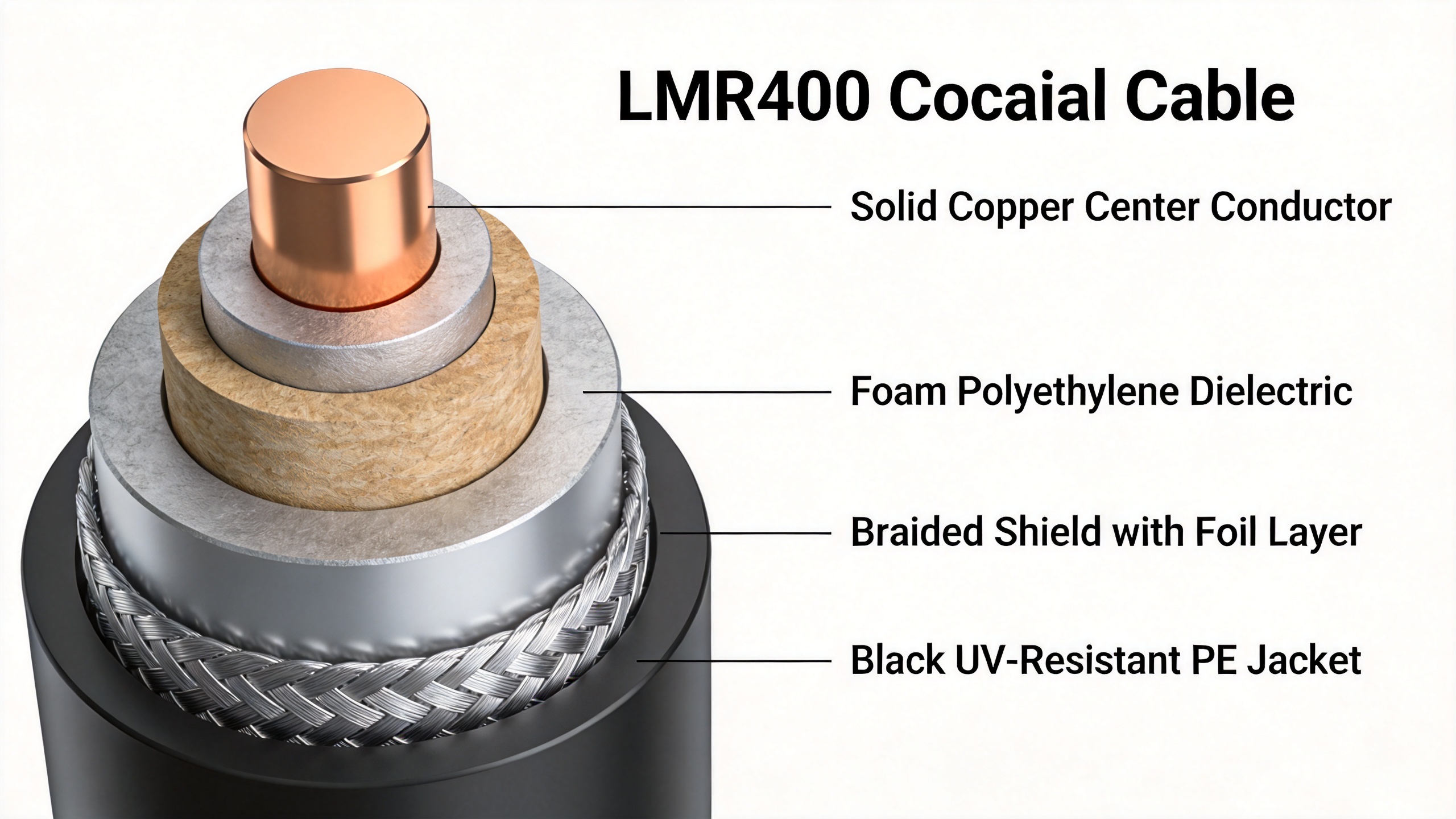 LMR400 coaxial cable construction cross-section showing conductor, dielectric, braided shield, and UV-resistant PE jacket