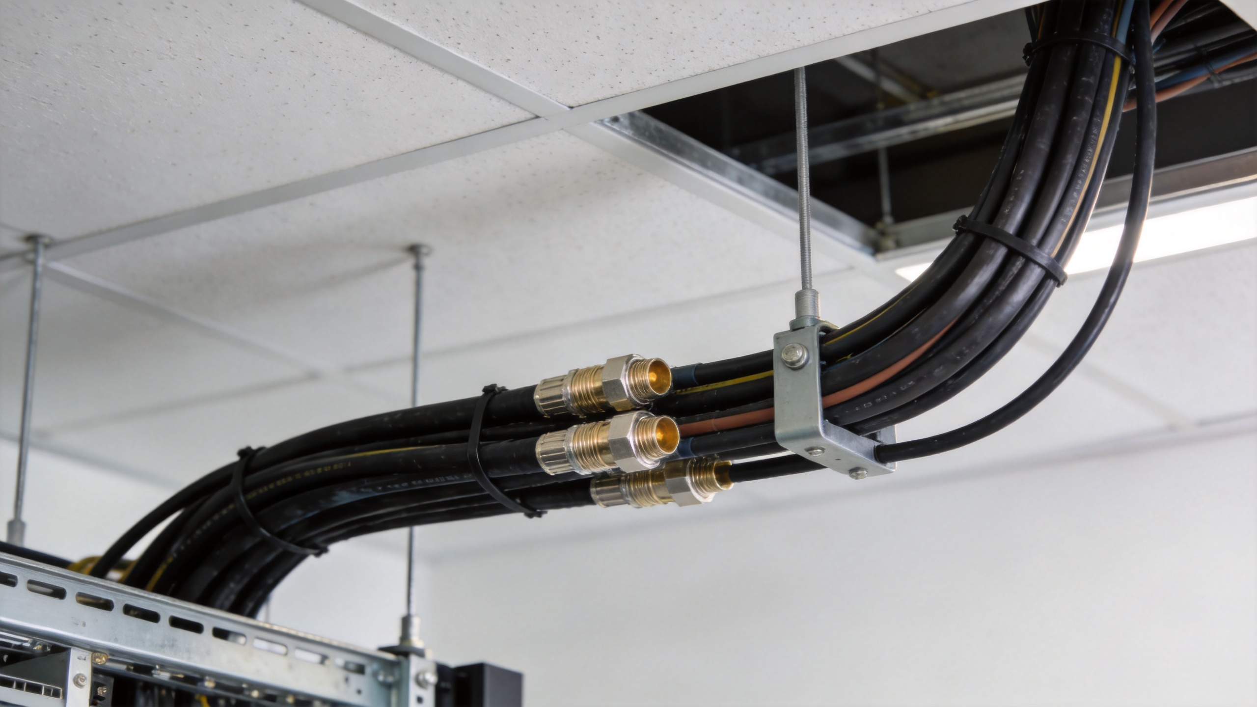 Coaxial feeder cables routed in a distributed antenna system (DAS) installation inside a commercial building