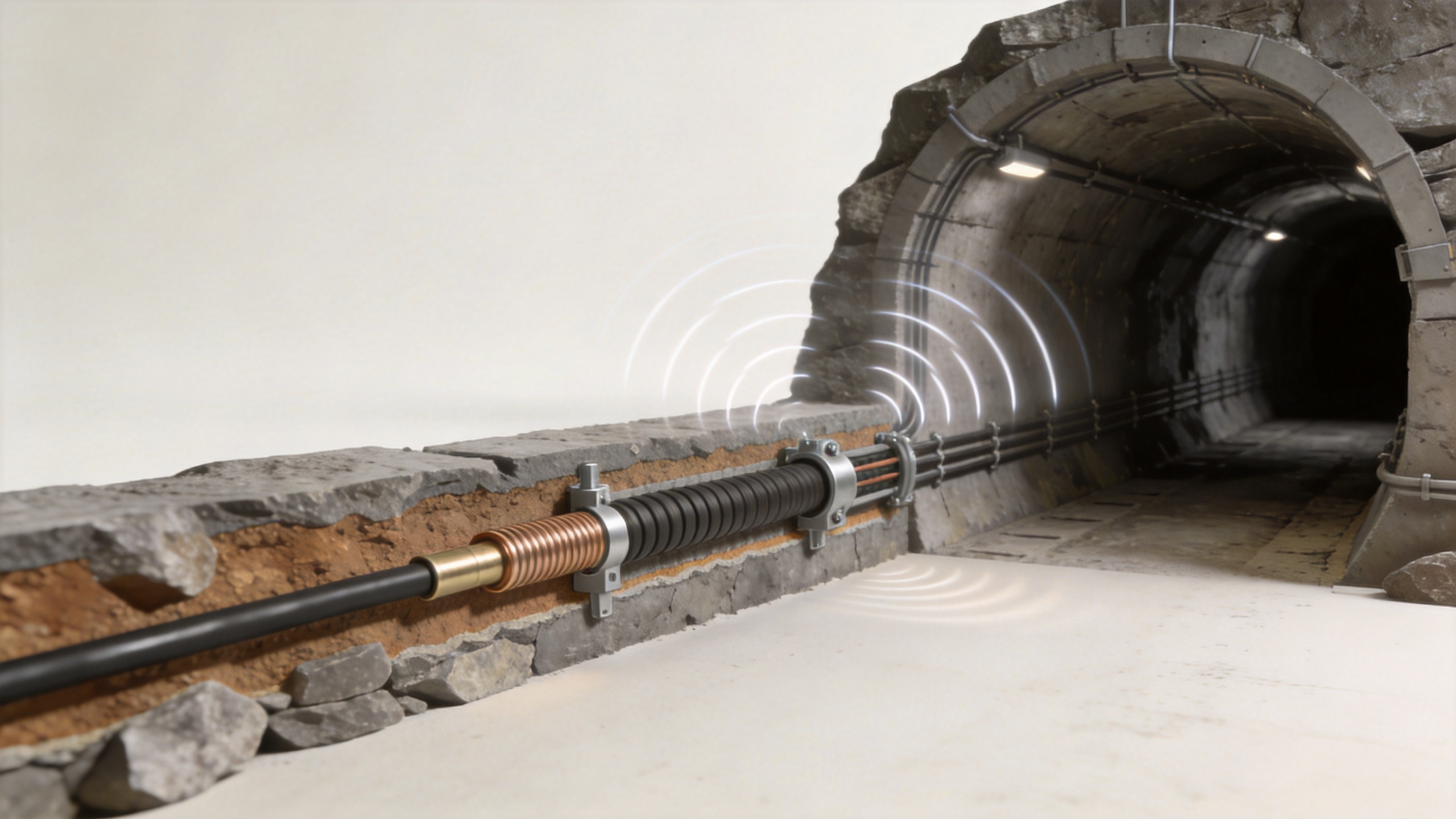 Underground mine tunnel showing leaky feeder communication system installation with cable mounted on wall