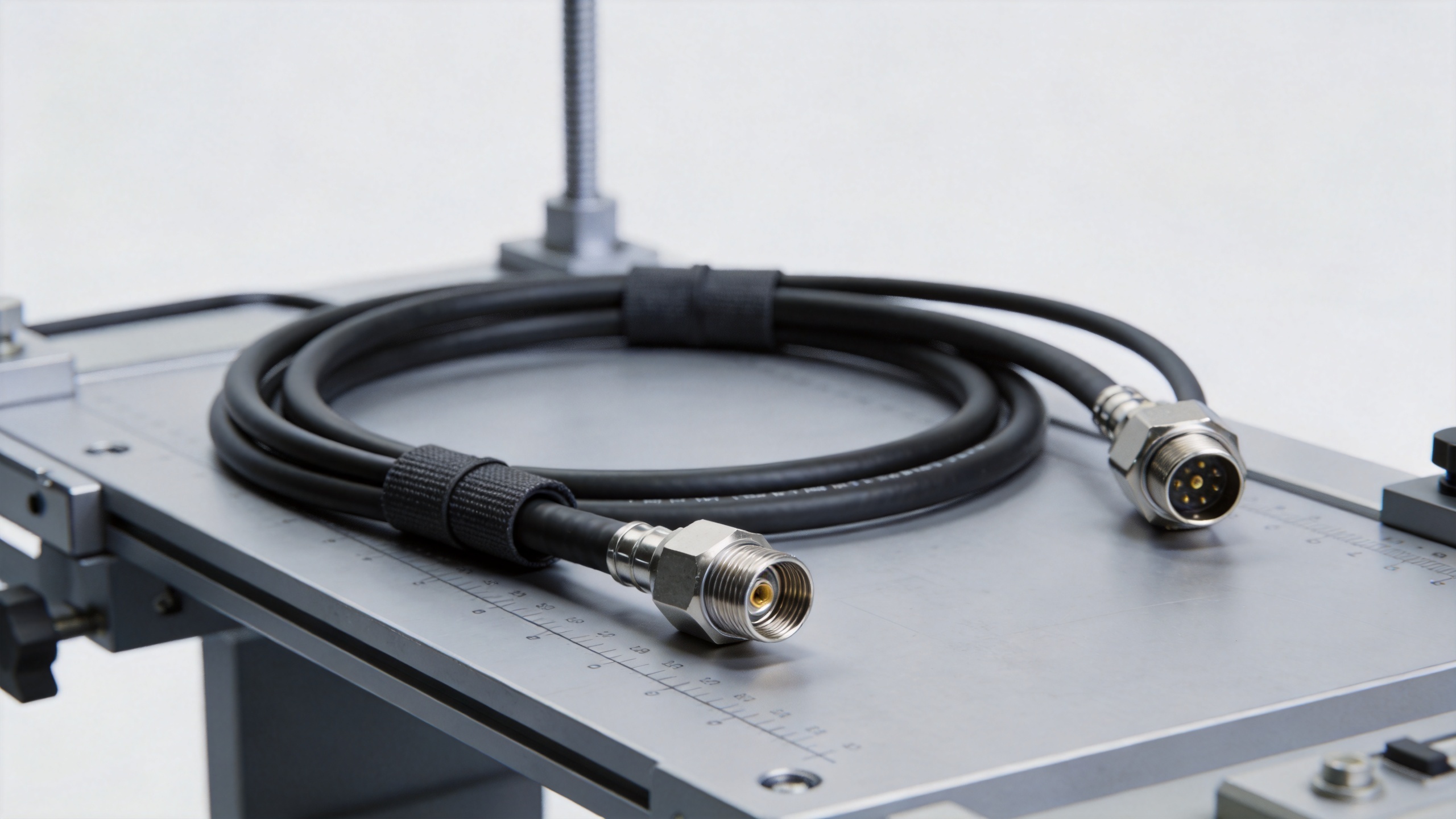 RF coaxial cable assembly with connector interfaces and strain relief