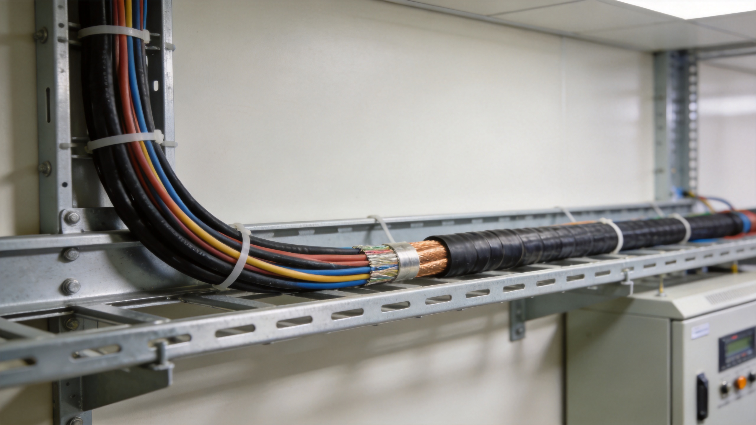 HFFR telecom feeder cable routed through an indoor equipment installation