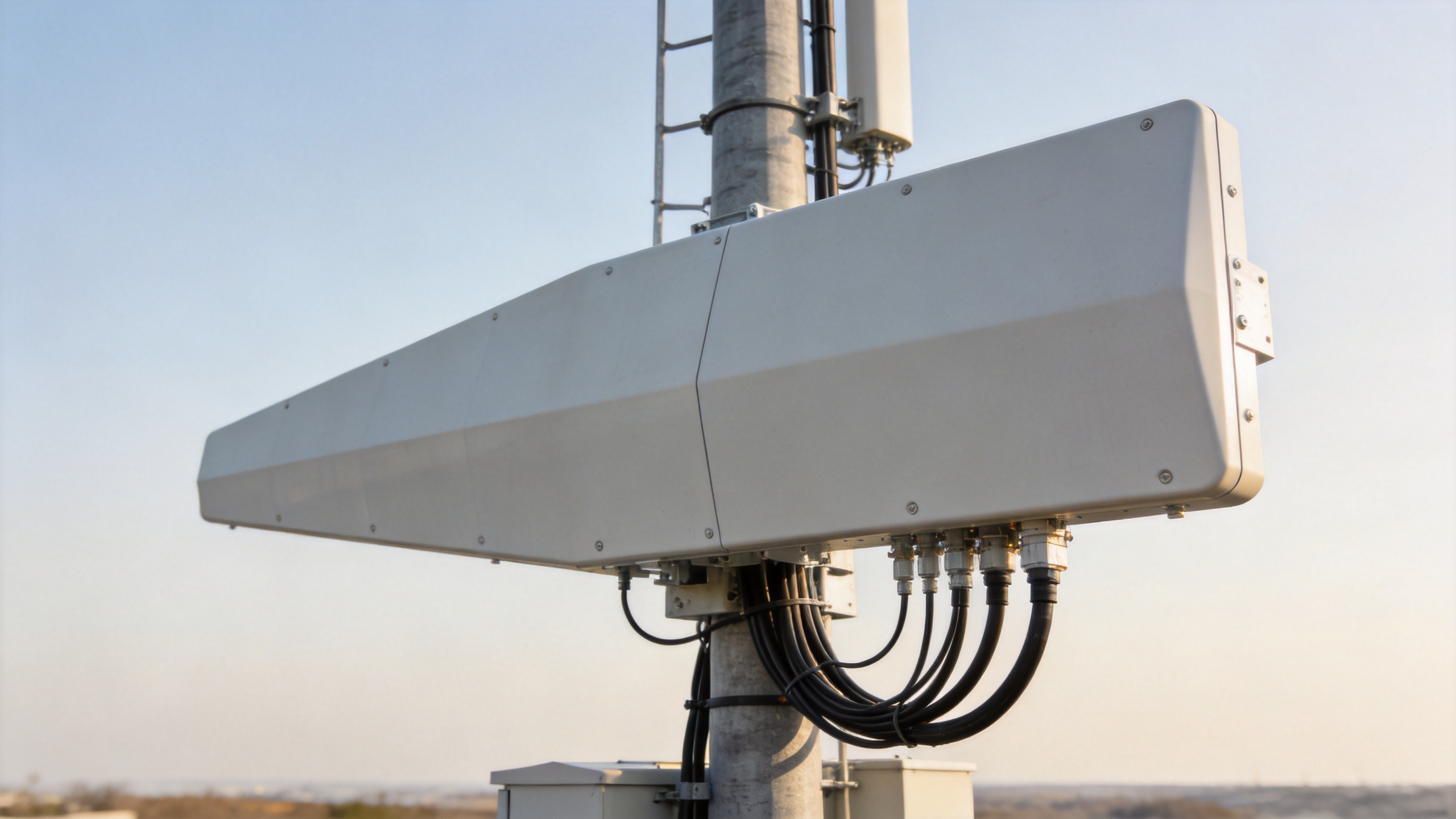 5G outdoor directional panel antenna installed on a telecom rooftop mast