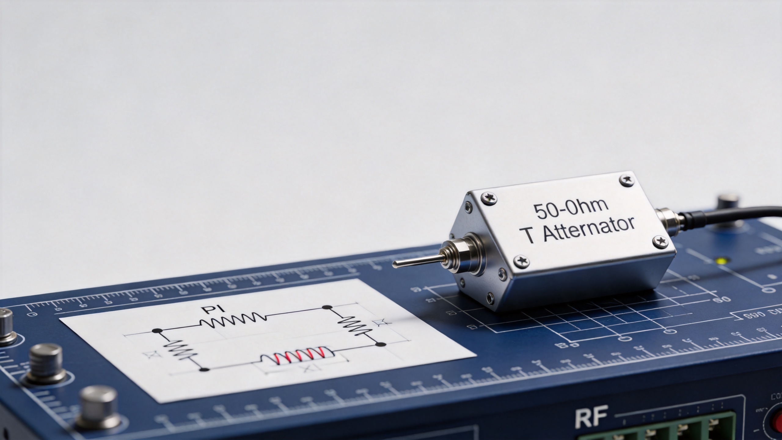 RF attenuator design concept showing T and Pi resistive pad topologies