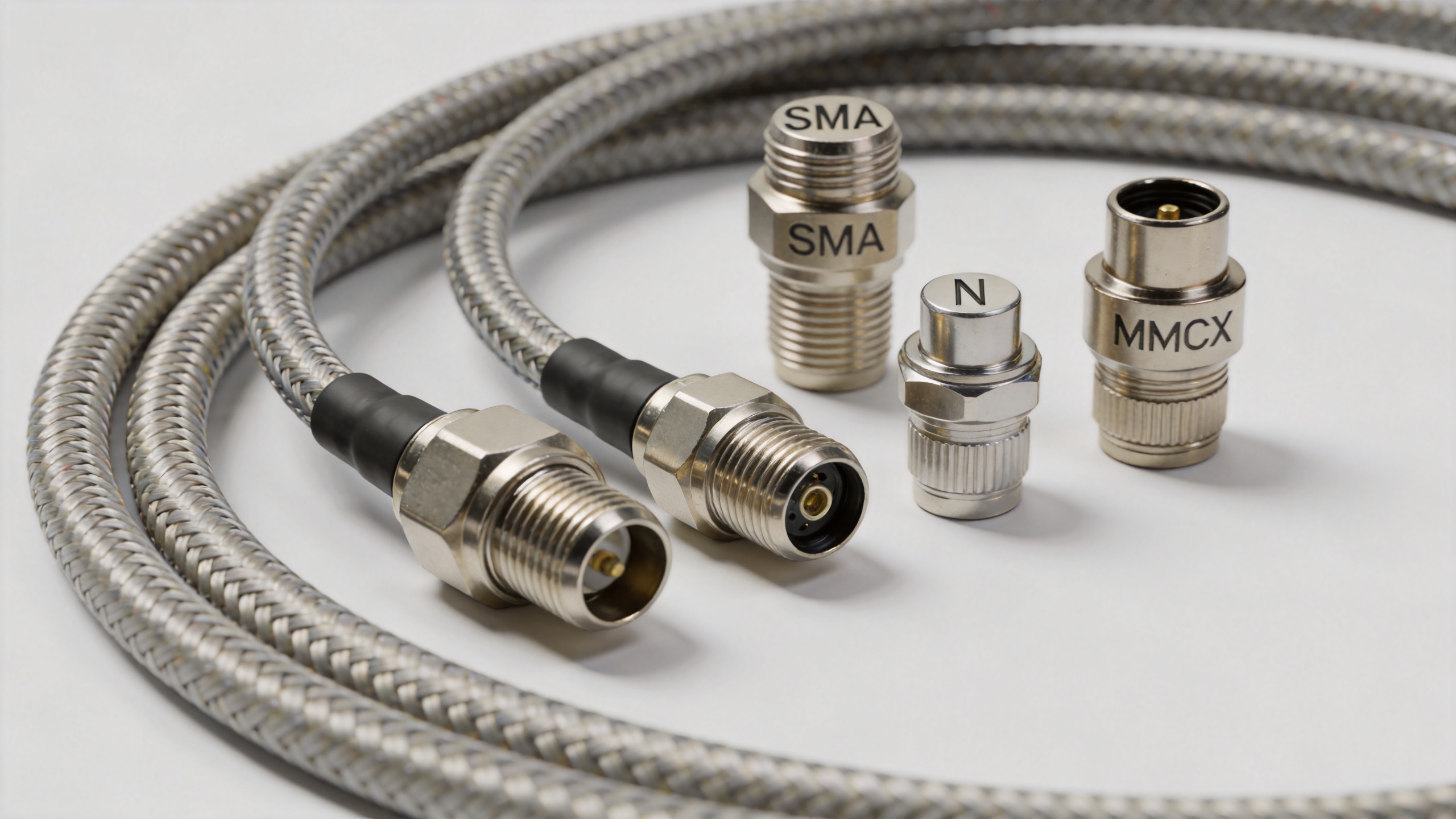 RF connector types including SMA, N, BNC and MMCX with coaxial cables