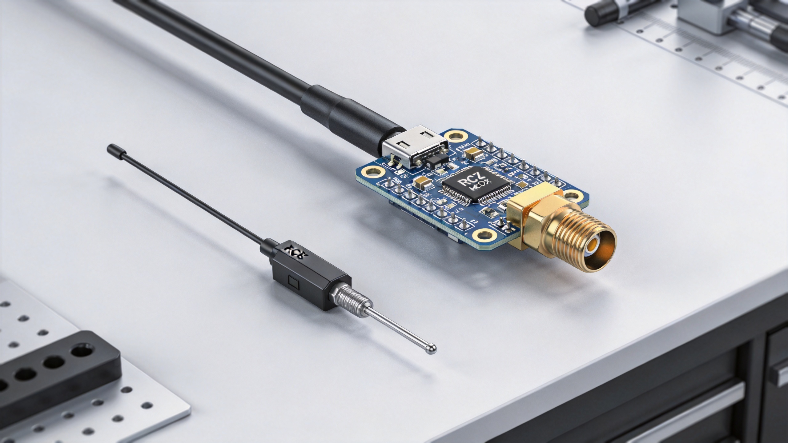MCX connector and compact RF circuit board assembly