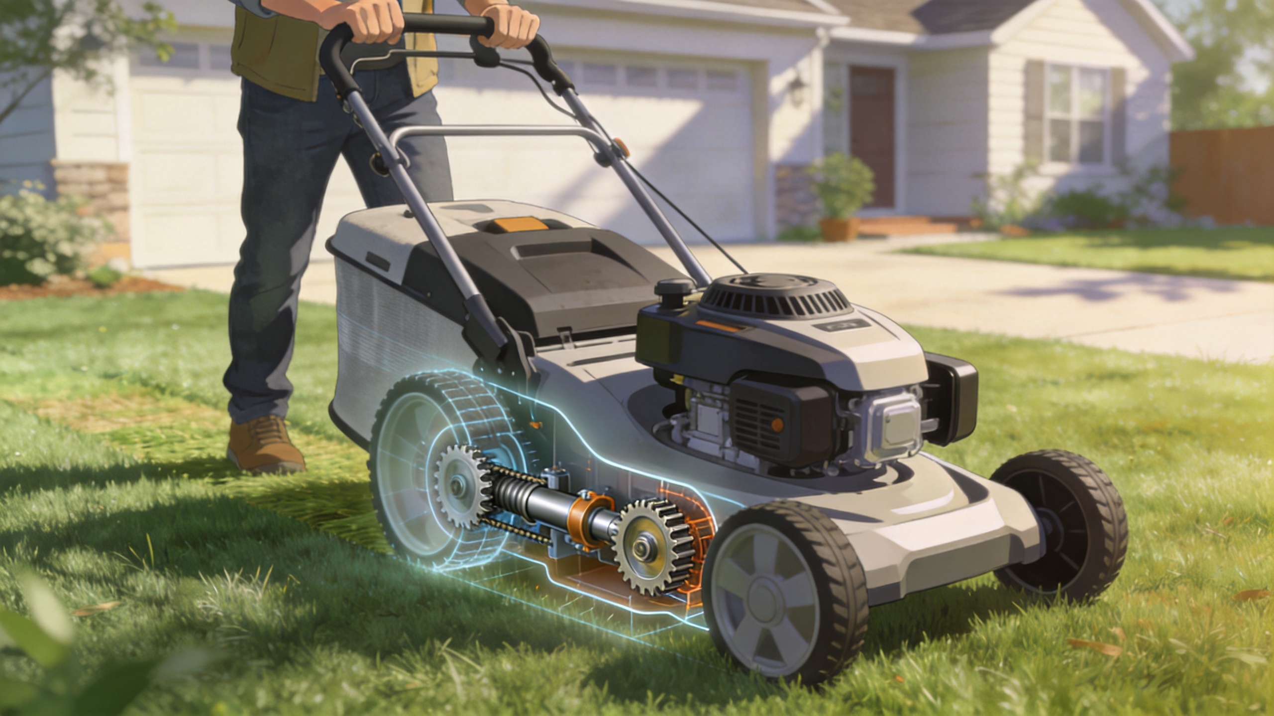 Self-propelled lawn mower wheel-drive system in operation