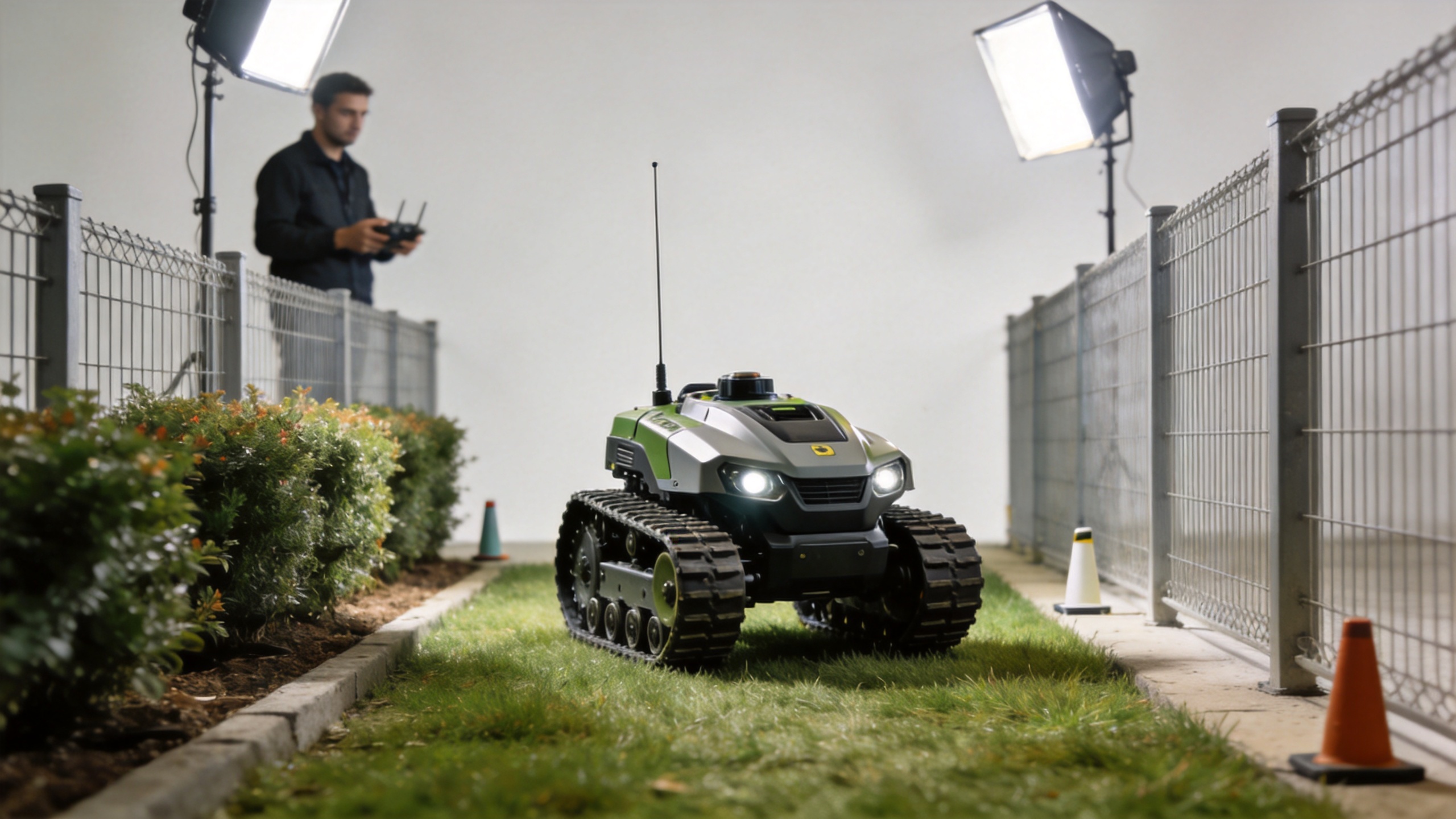 Compact rc lawn mower mini crawler operating in a narrow landscaped access corridor