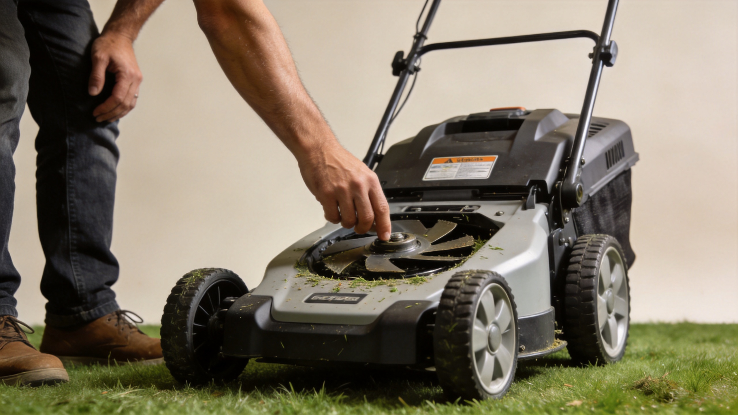 lawn mower deck cleaning and inspection in a home garden
