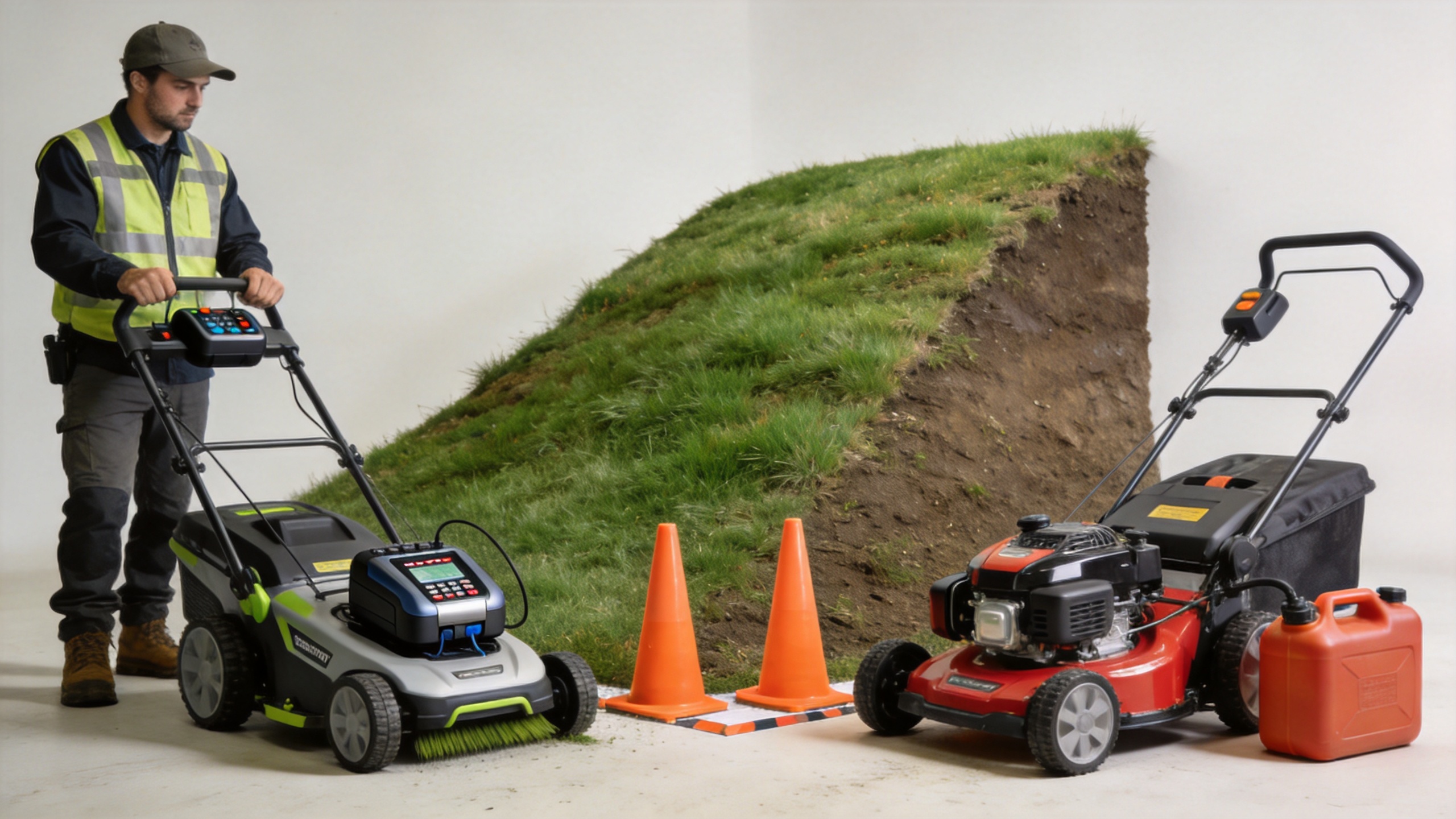 Remote control lawn mower power-source planning in a managed grass area