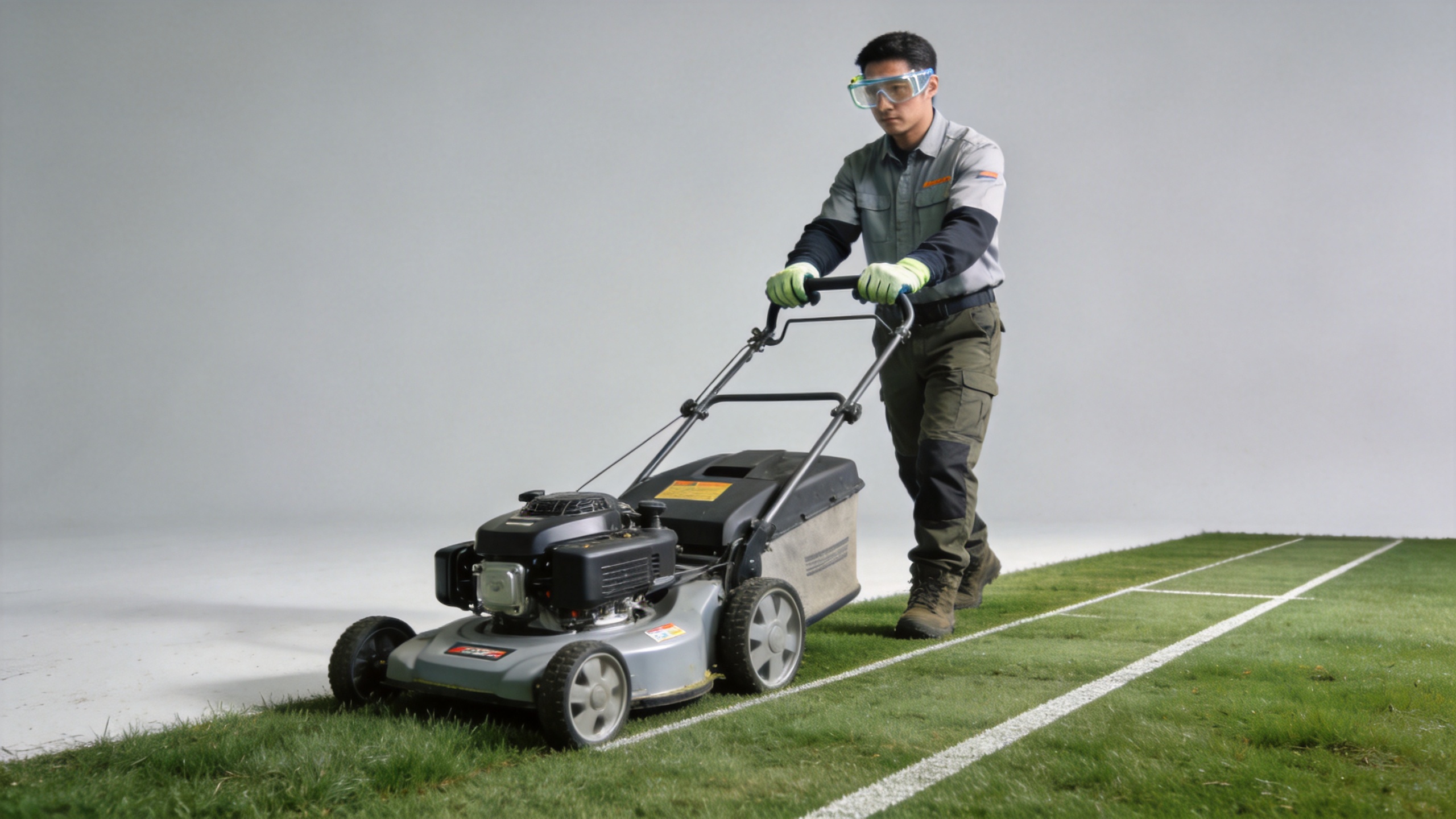 Grounds manager reviewing a lawn mower for safe budget-focused purchasing