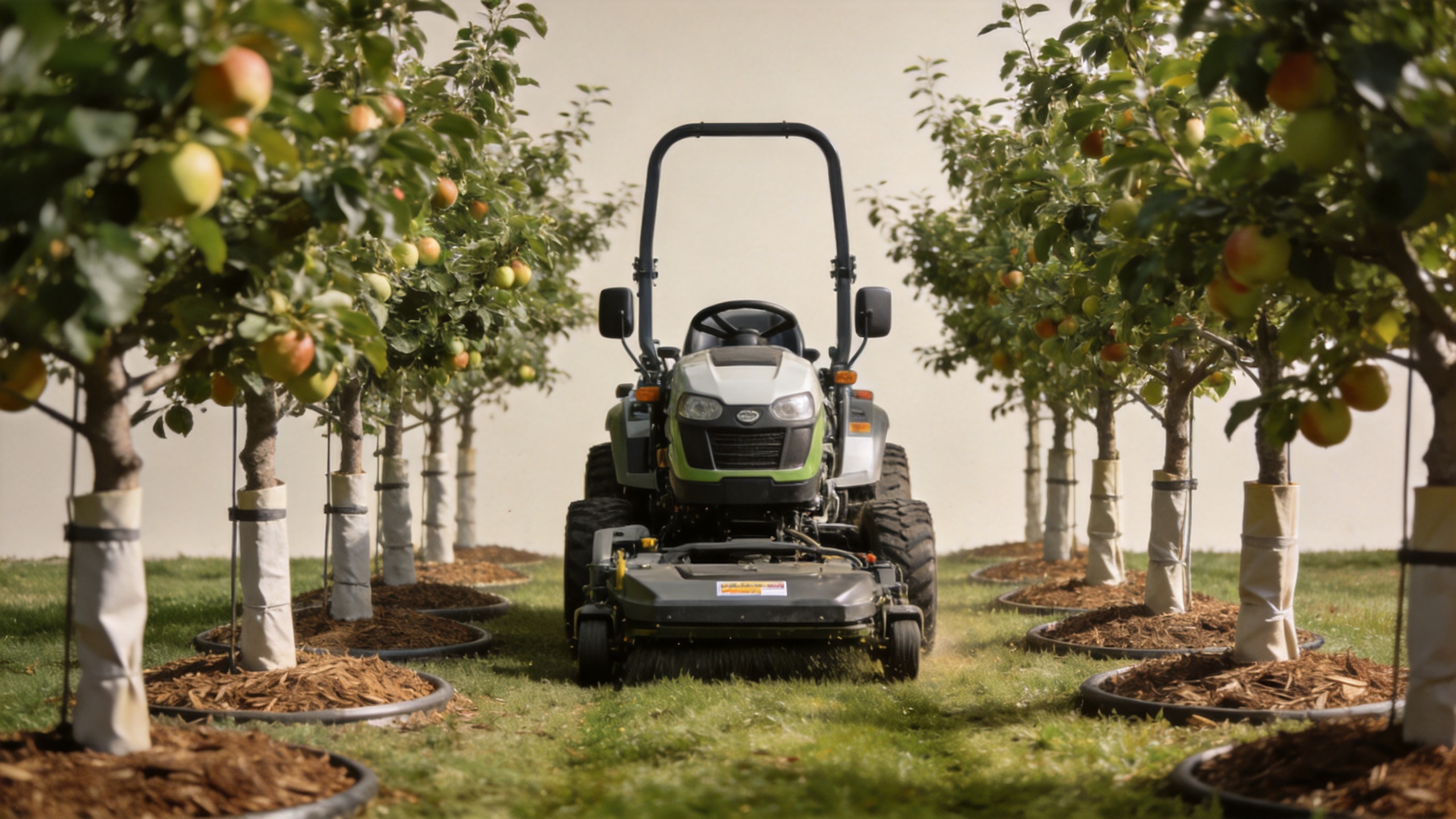 Orchard lawn mower keeping safe clearance from protected fruit tree trunks