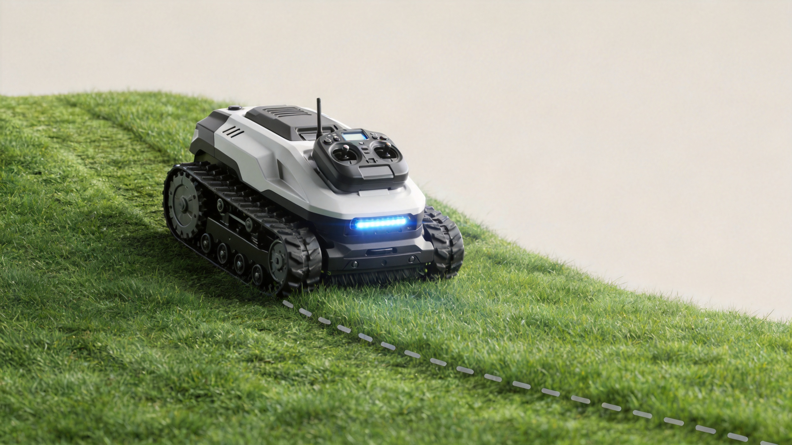 Robot lawnmower working on a managed grassy slope