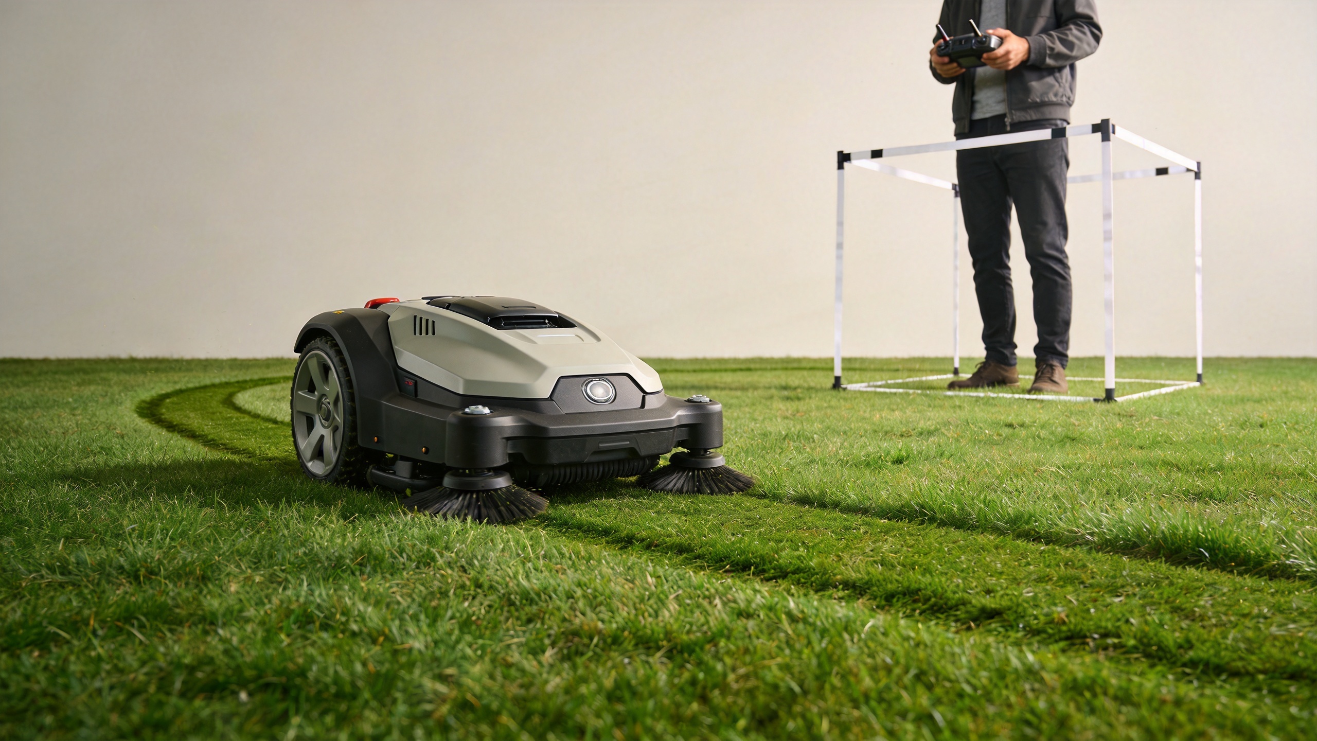 Operator supervising a robot lawnmower during remote control and automatic mowing