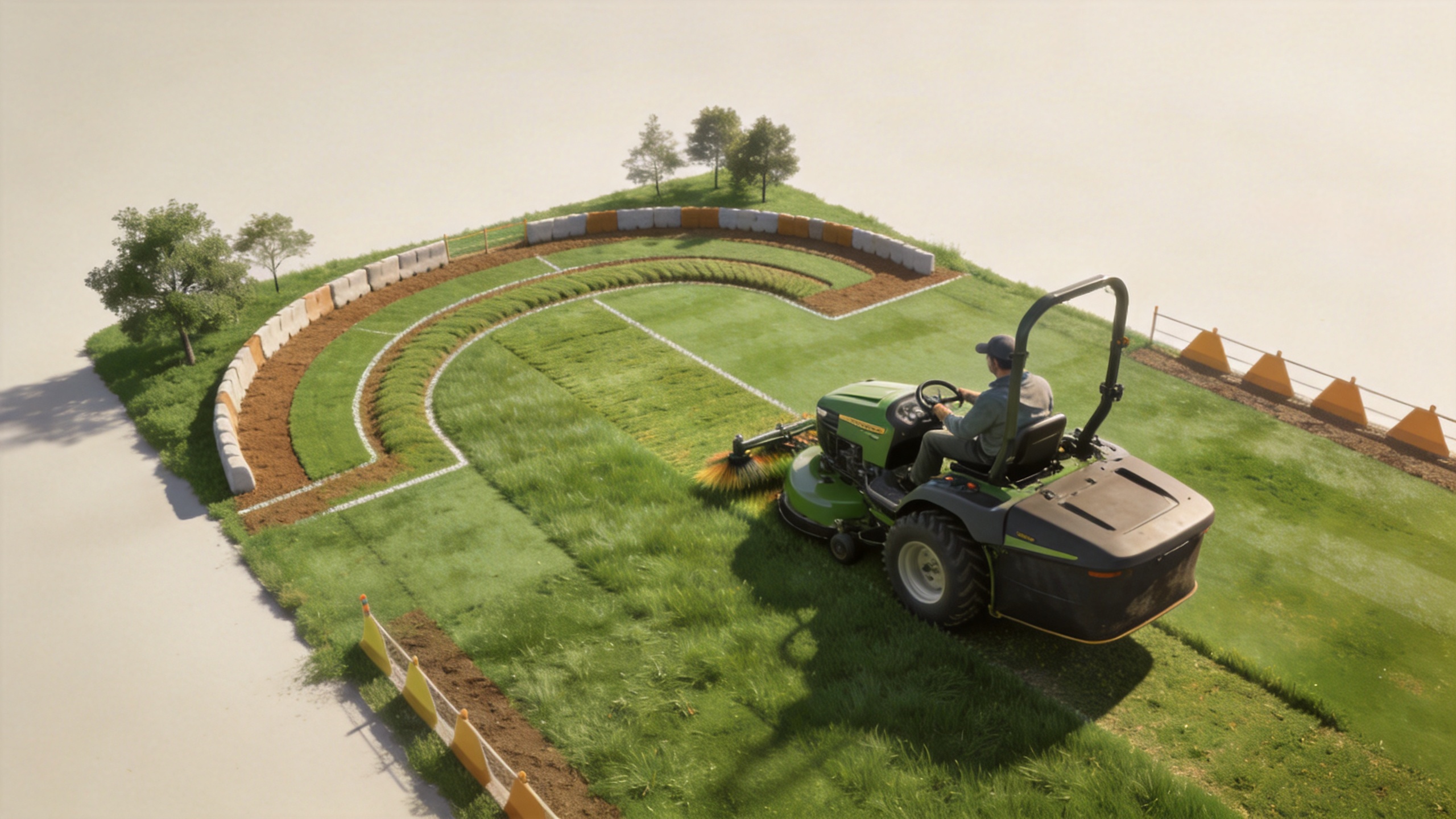 Large area lawn mower route planning with zones and safe turning space