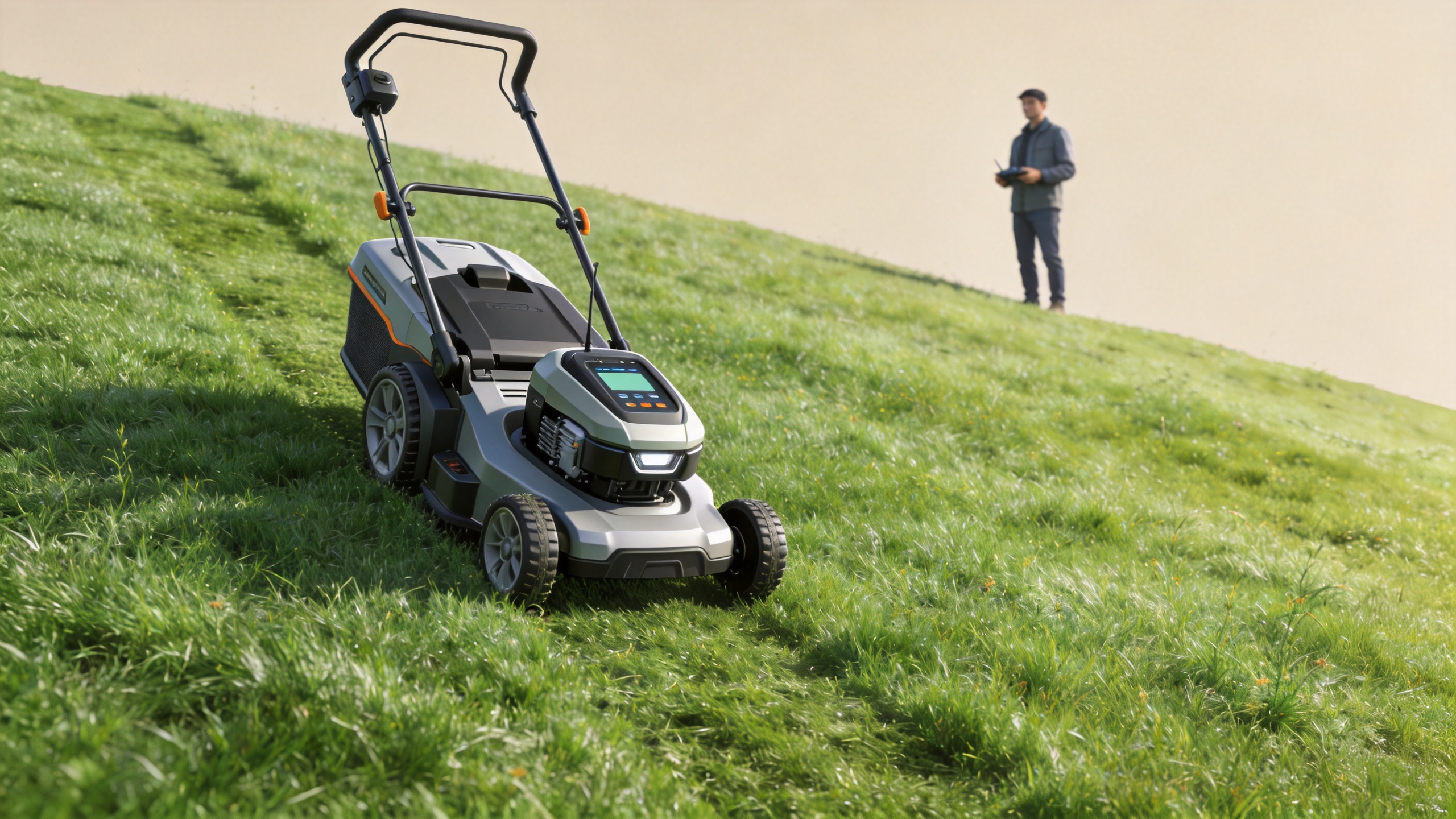 Eco friendly lawn mower working on a managed green slope